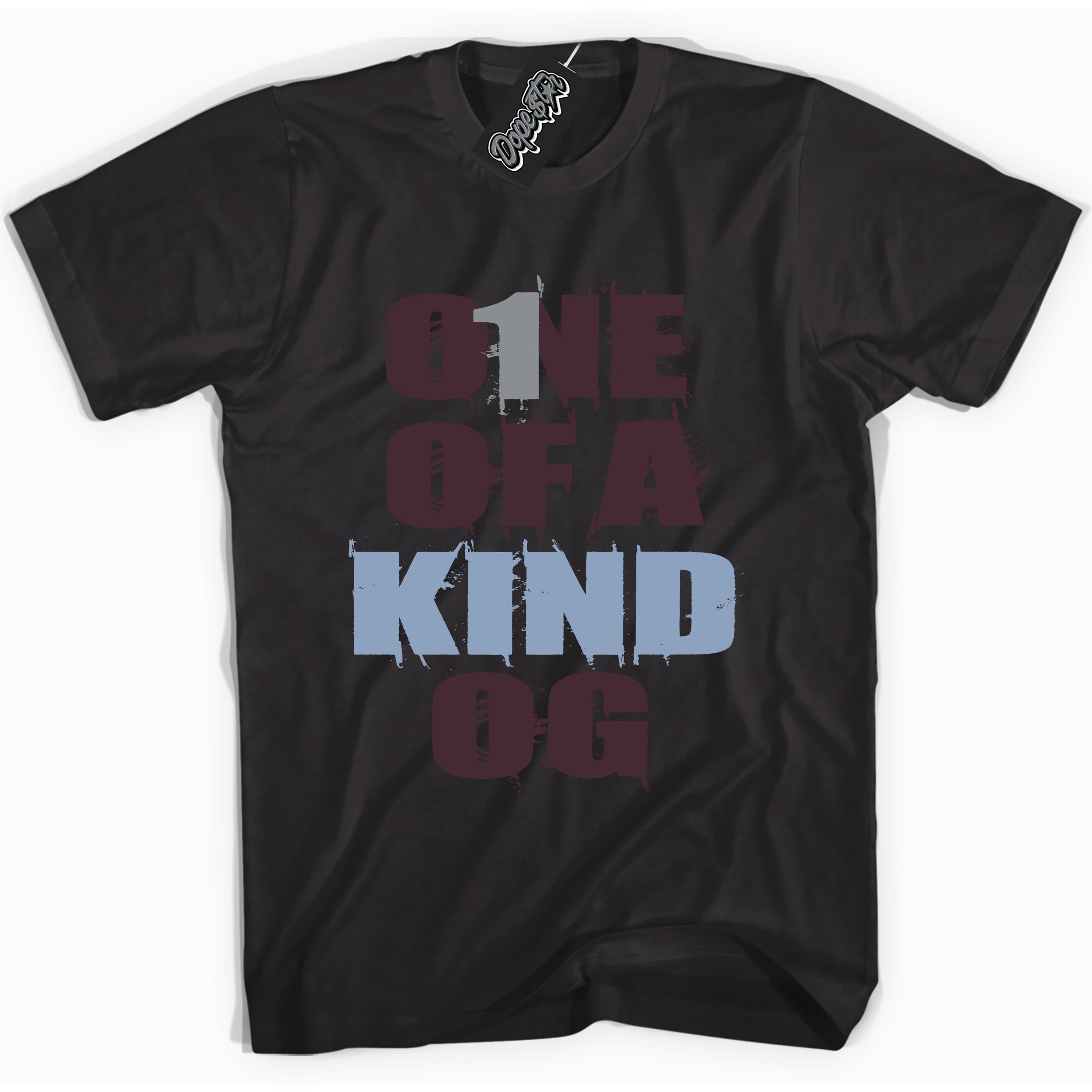 Cool Black Shirt with “ One Of A Kind” design that perfectly matches Burgundy 5s Sneakers.