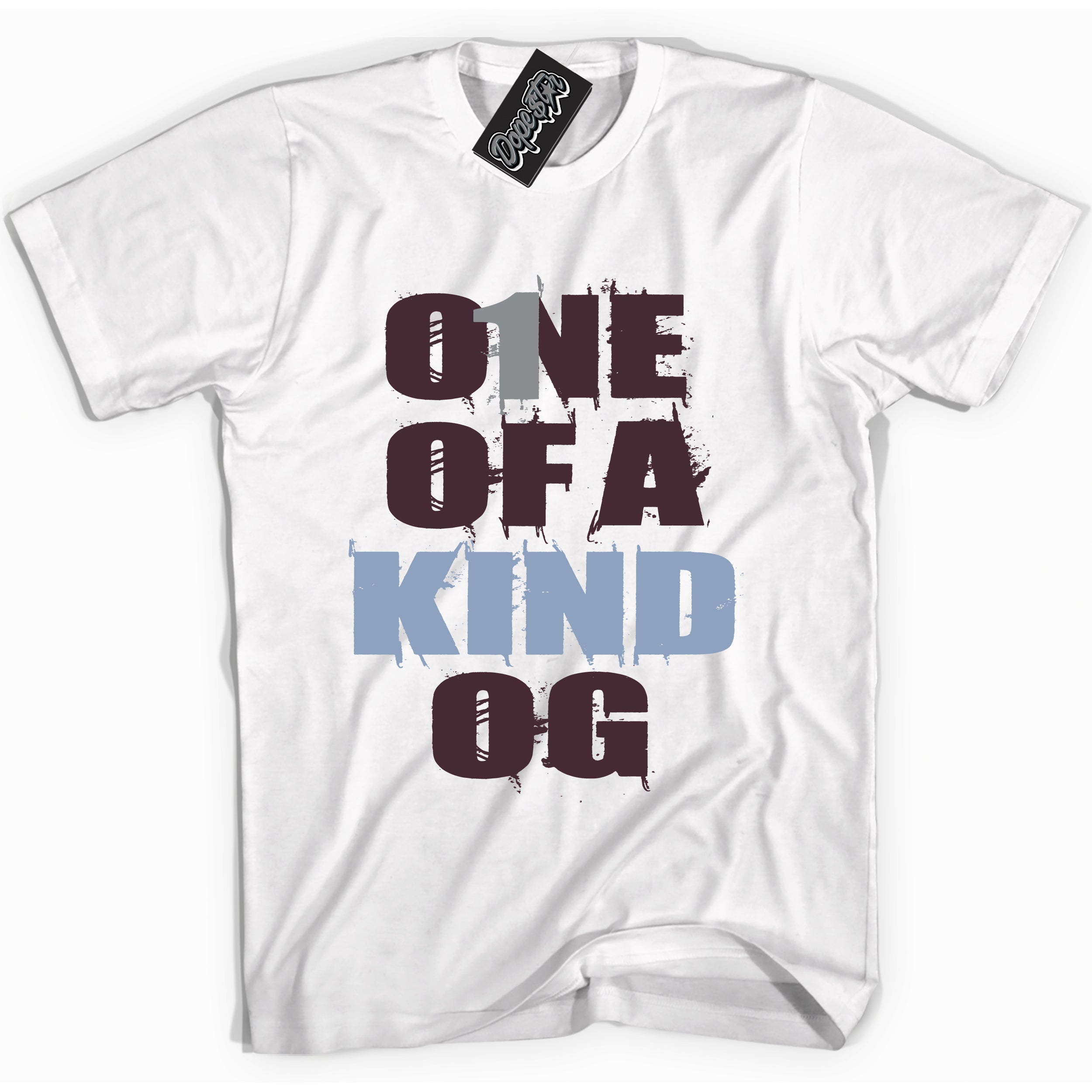 Cool White Shirt with “ One Of A Kind” design that perfectly matches Burgundy 5s Sneakers.