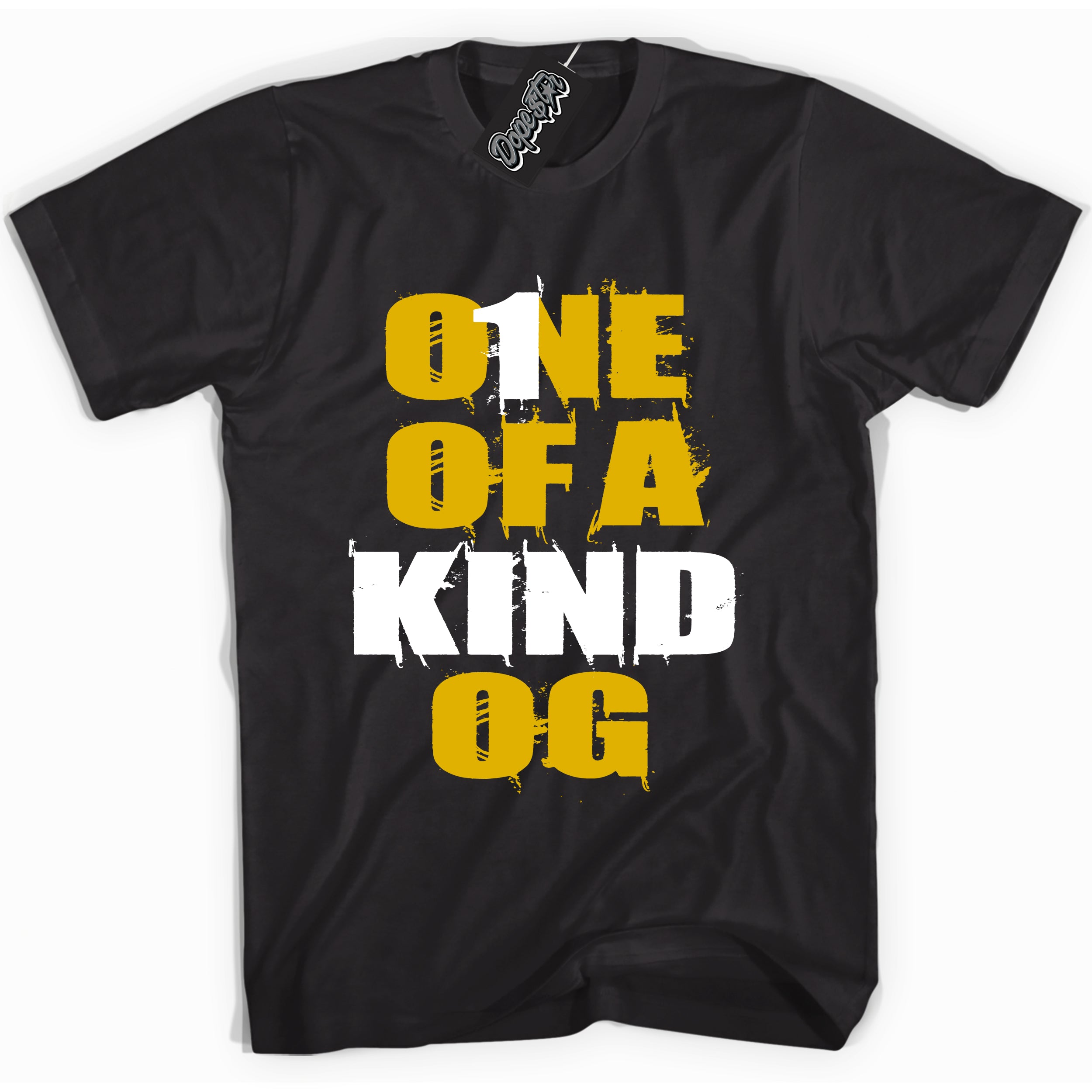 Cool black Shirt With “ One Of A Kind” design that perfectly matches Yellow Ochre 6s Sneakers.