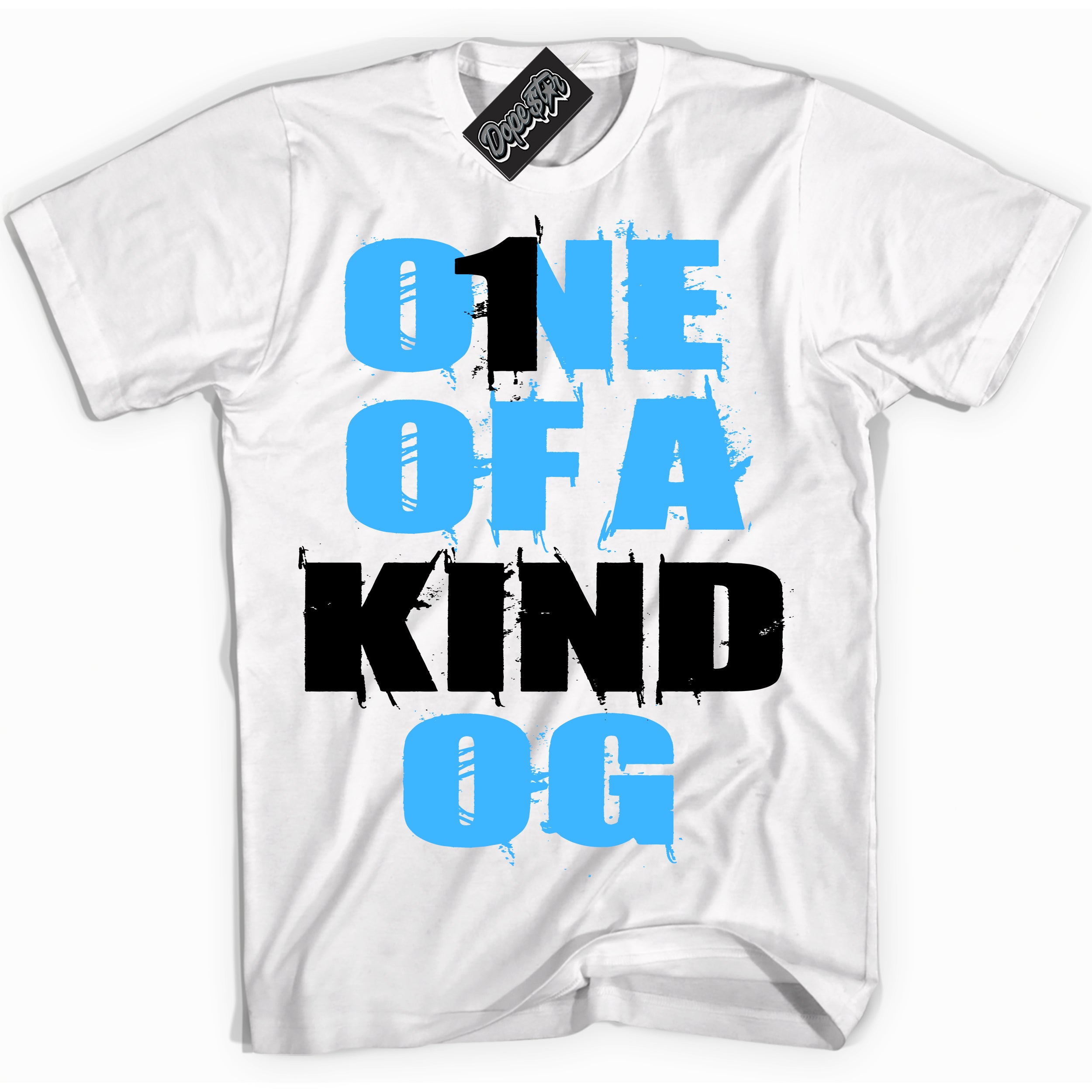 Cool White graphic tee with “ One Of A Kind OG ” design, that perfectly matches Powder Blue 9s sneakers 