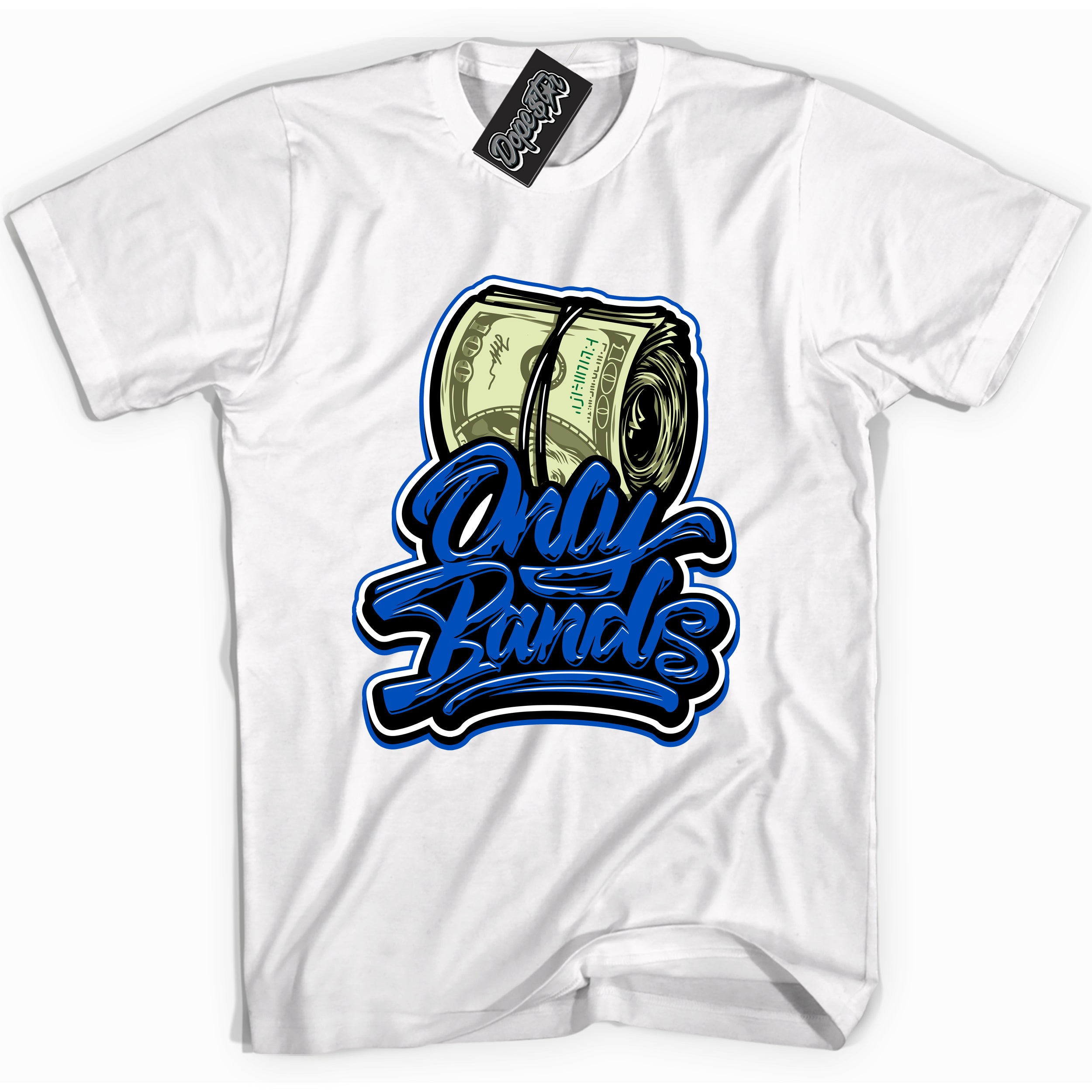 Cool White graphic tee with "Only Bands" design, that perfectly matches Royal Reimagined 1s sneakers 