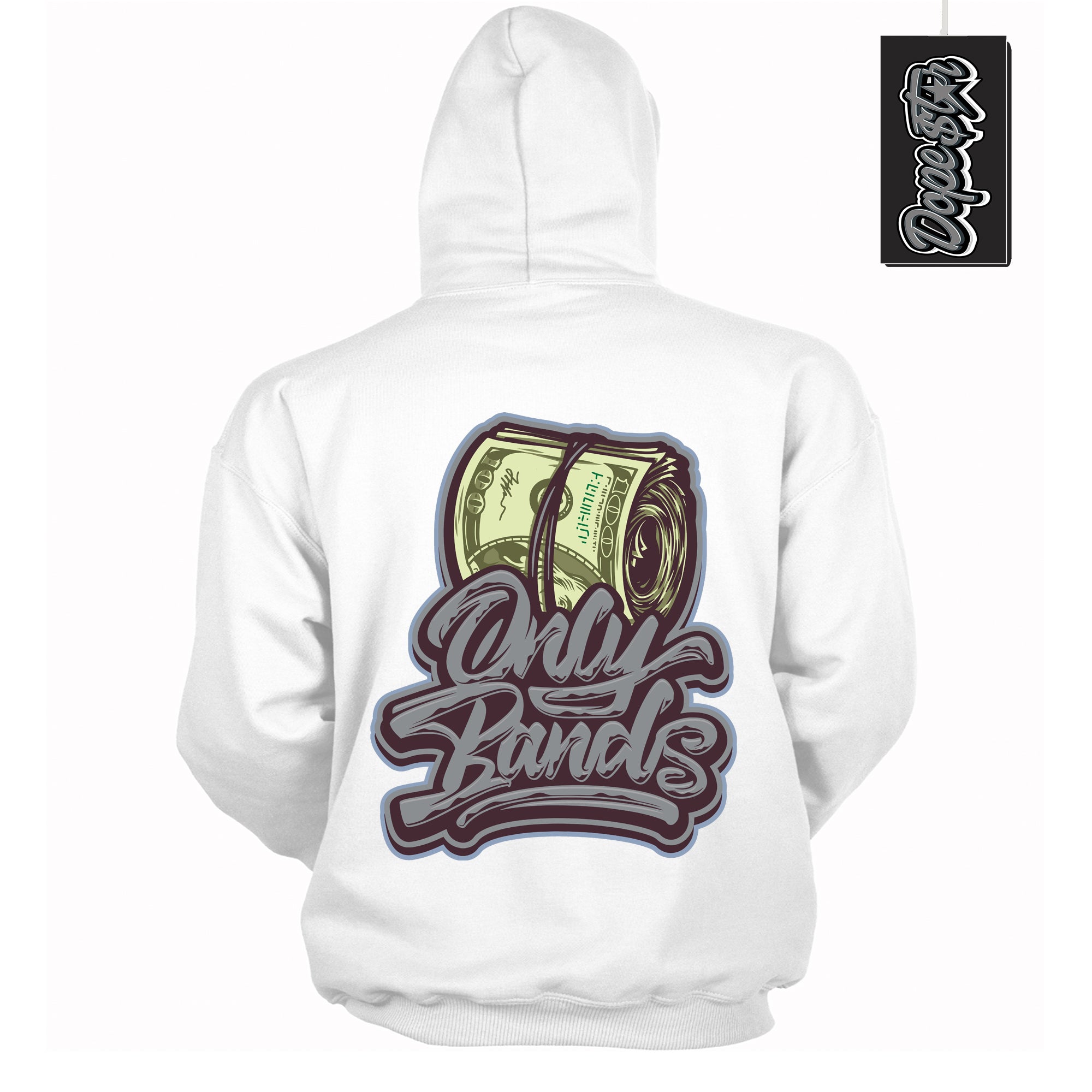 Cool White Hoodie with “ Only Bands ”  design that Perfectly Matches Burgundy 5s Sneakers.