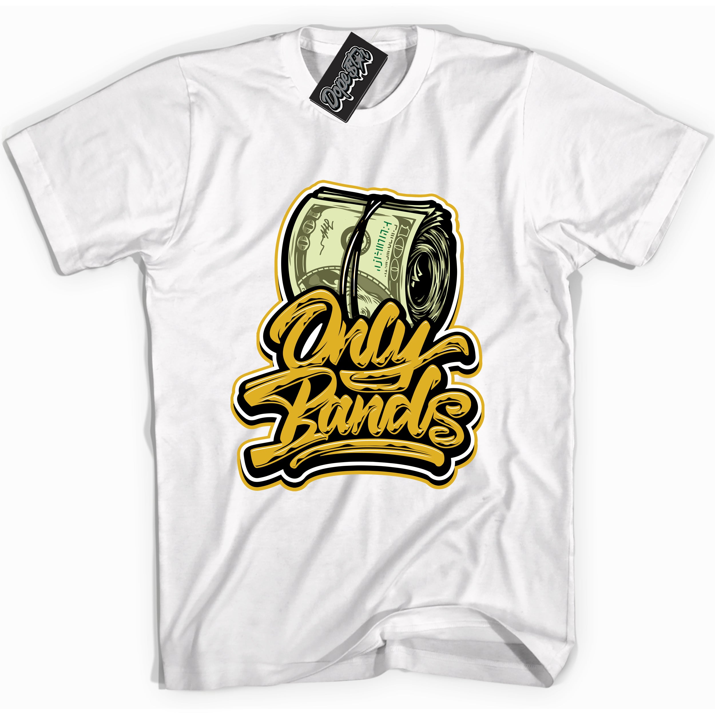 Cool White Shirt with “ Only Bands” design that perfectly matches Yellow Ochre 6s Sneakers.