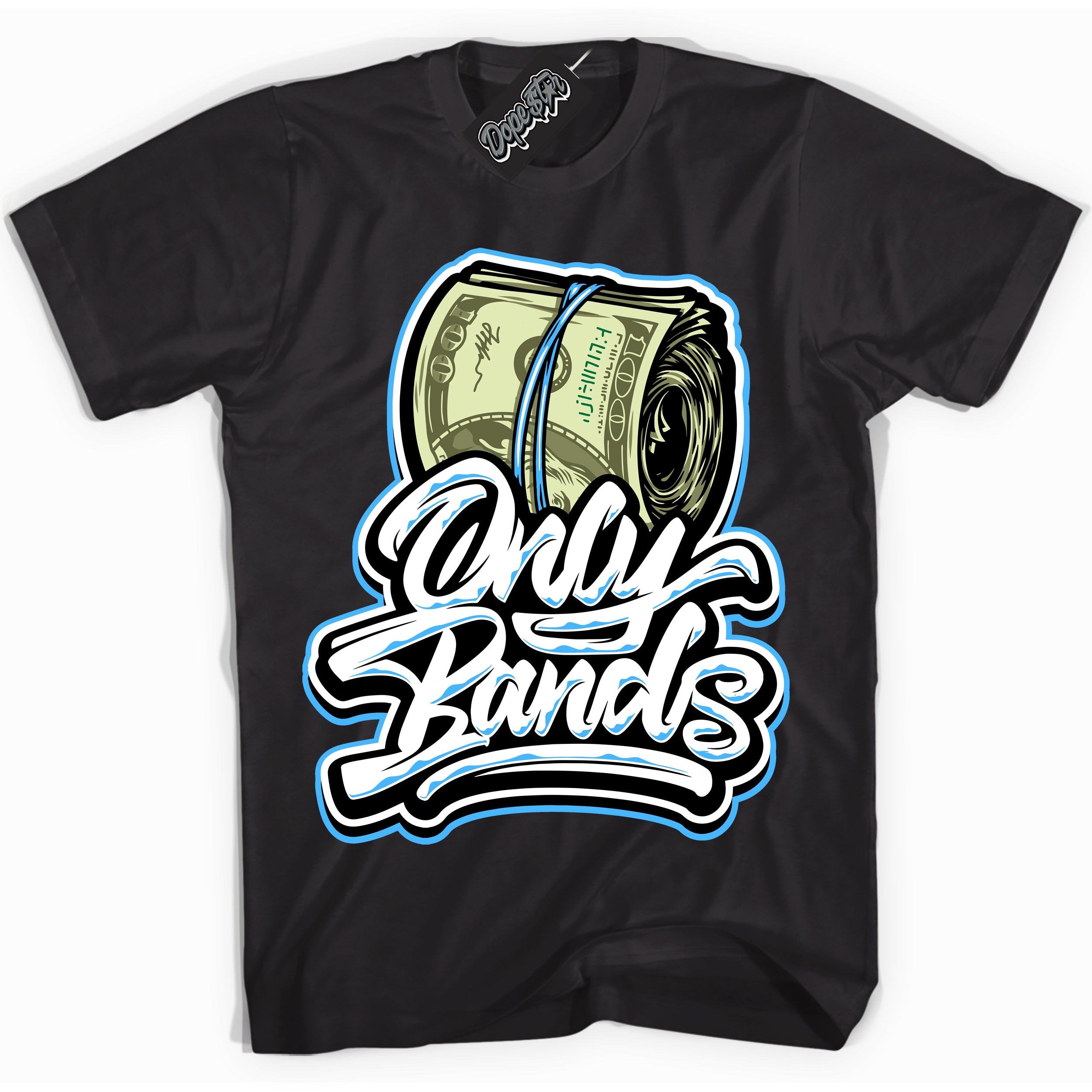 Cool Black graphic tee with “ Only Bands ” design, that perfectly matches Powder Blue 9s sneakers 