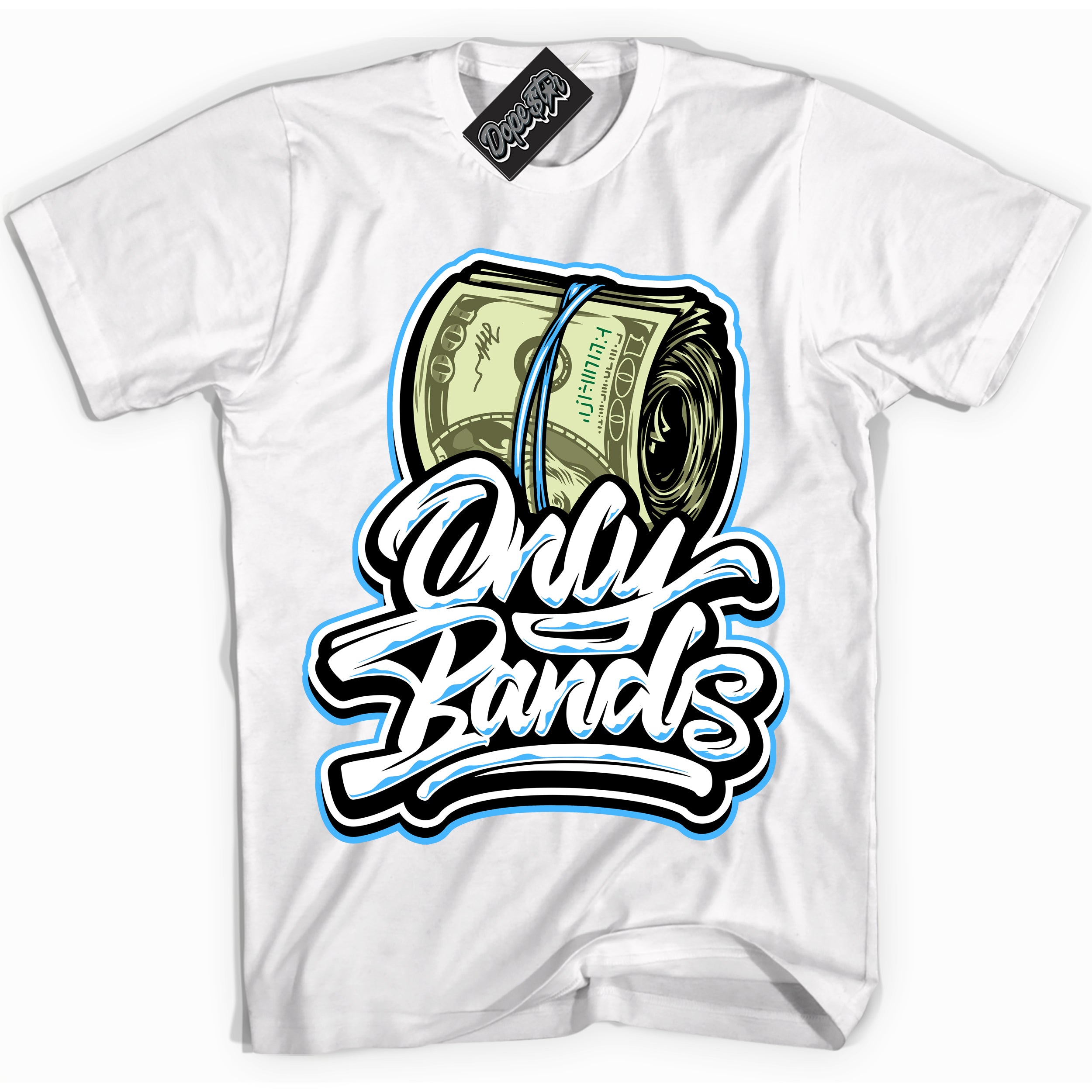 Cool White graphic tee with “ Only Bands ” design, that perfectly matches Powder Blue 9s sneakers 