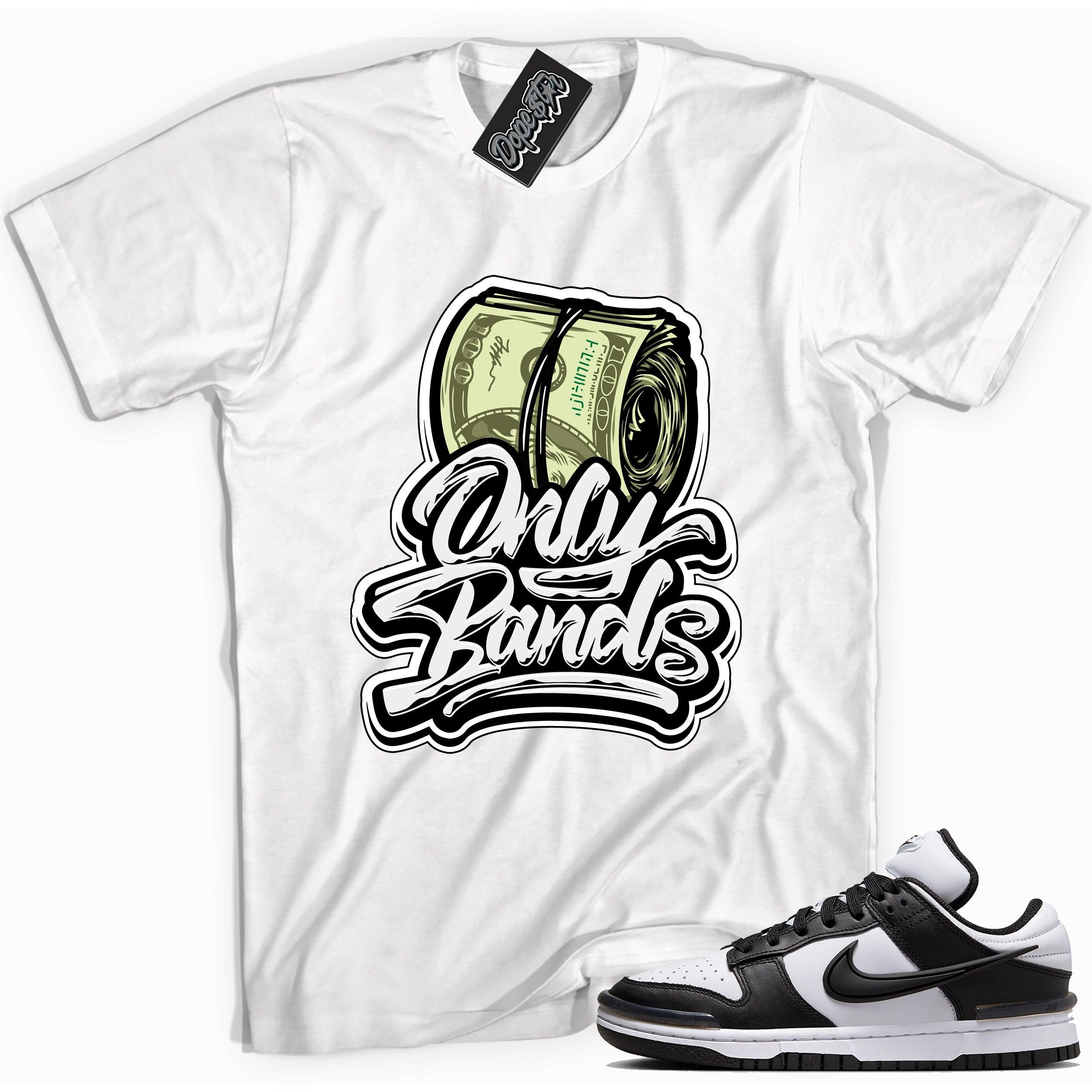 Cool white graphic tee with 'onlybands' print, that perfectly matches Nike Dunk Low Twist Panda sneakers.