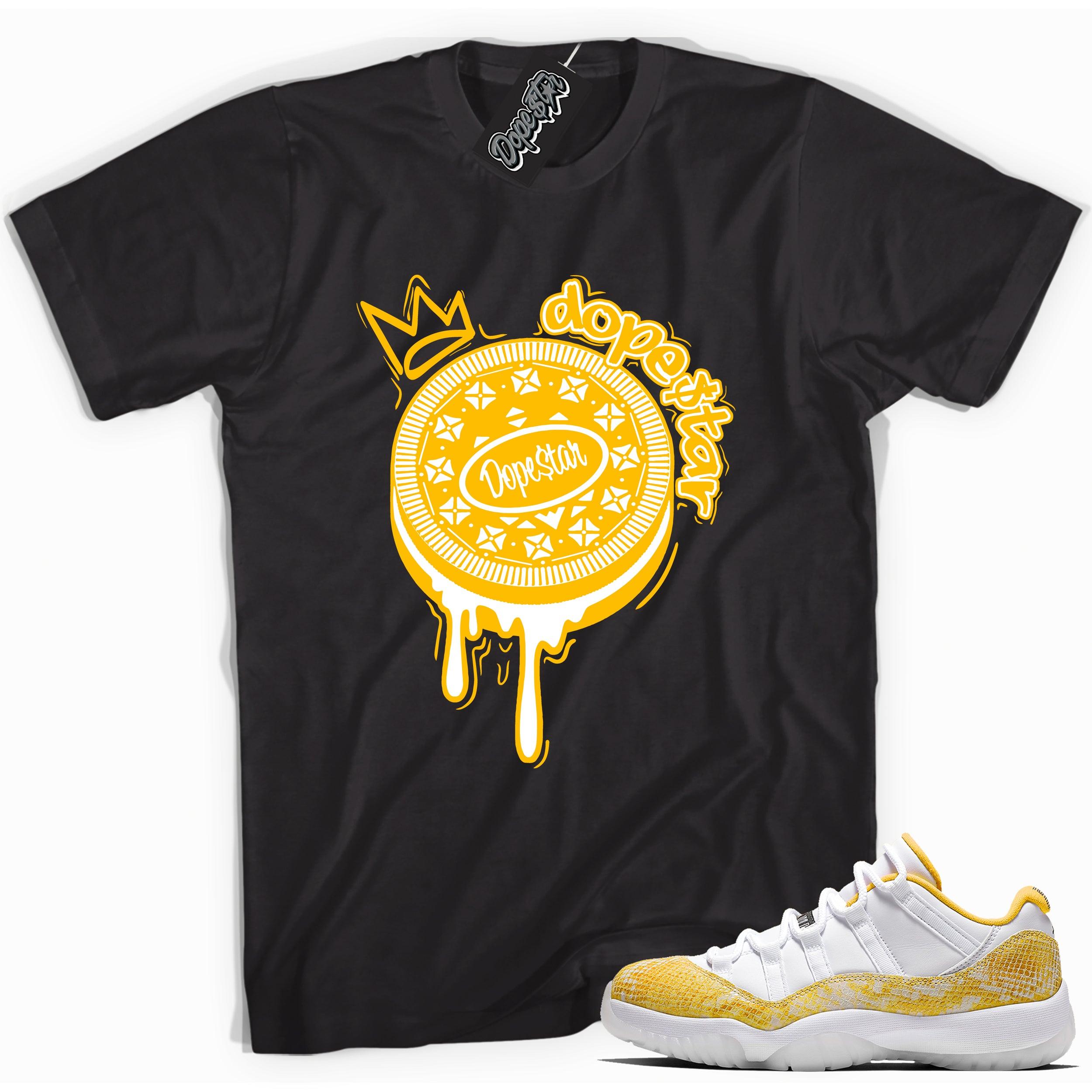 Cool black graphic tee with 'oreo dopestar' print, that perfectly matches  Air Jordan 11 Retro Low Yellow Snakeskin sneakers