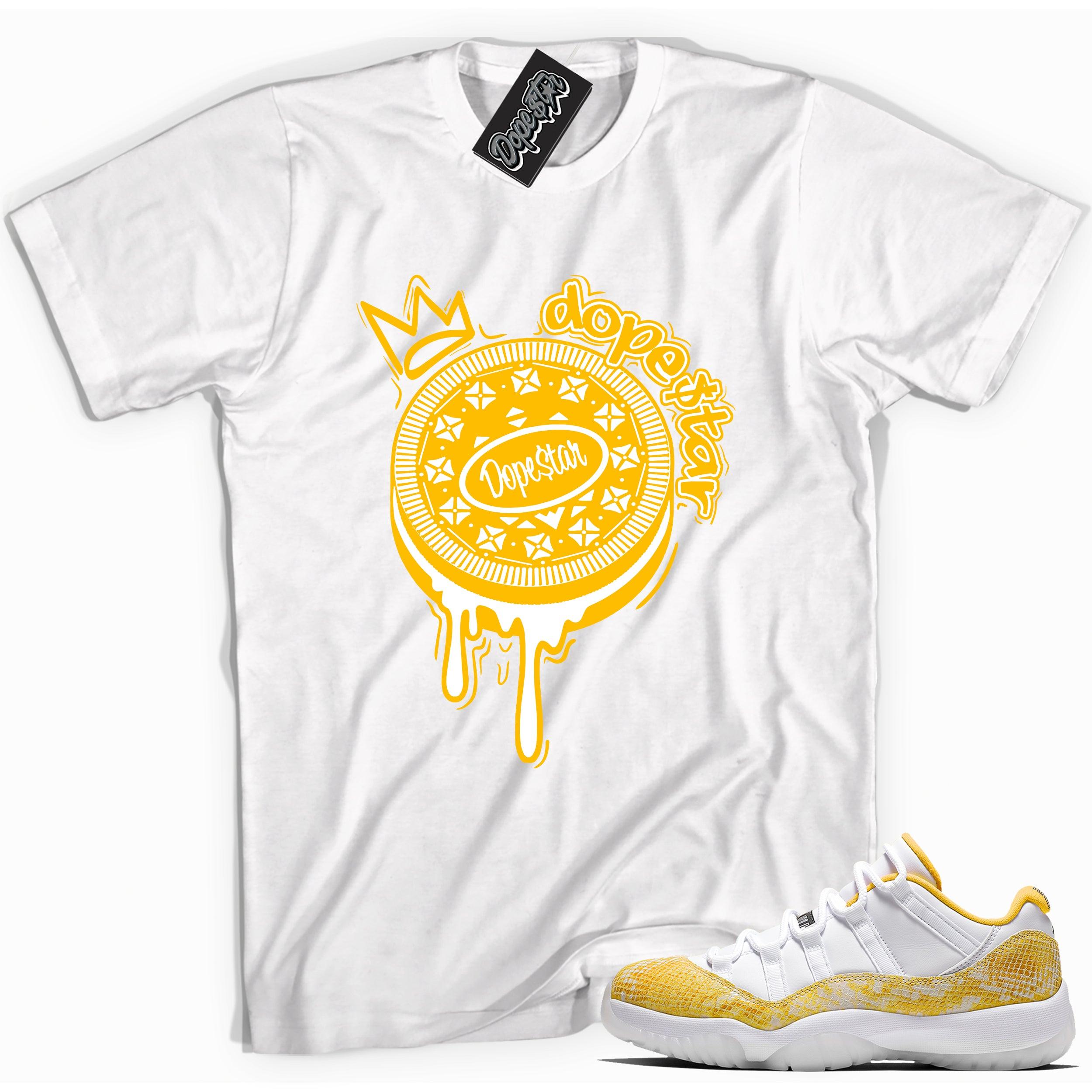 Cool white graphic tee with 'oreo dopestar' print, that perfectly matches Air Jordan 11 Retro Low Yellow Snakeskin sneakers