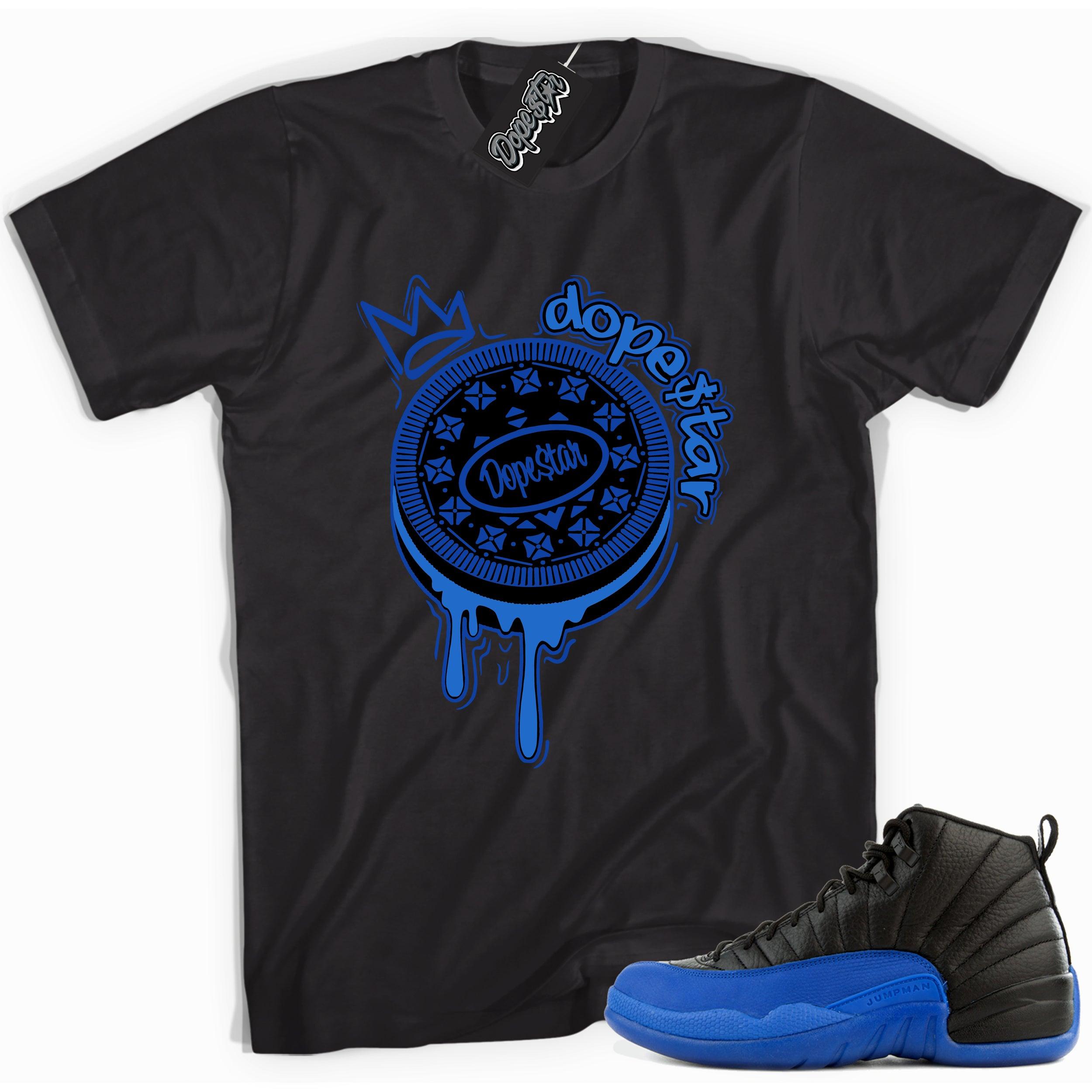 Cool black graphic tee with 'Oreo dope star $' print, that perfectly matches  Air Jordan 12 Retro Black Game Royal sneakers.