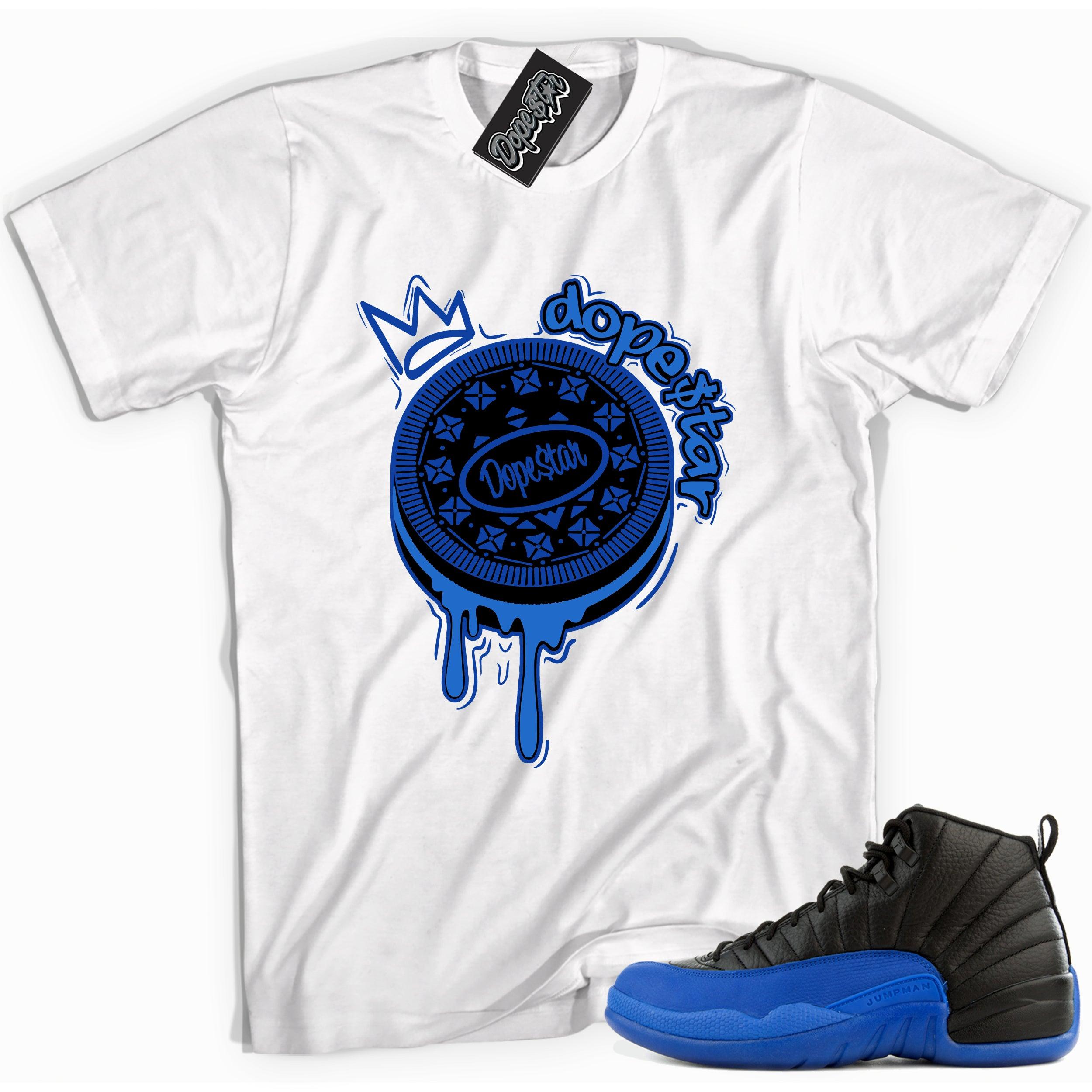 Cool white graphic tee with 'Oreo dope star $' print, that perfectly matches Air Jordan 12 Retro Black Game Royal sneakers.