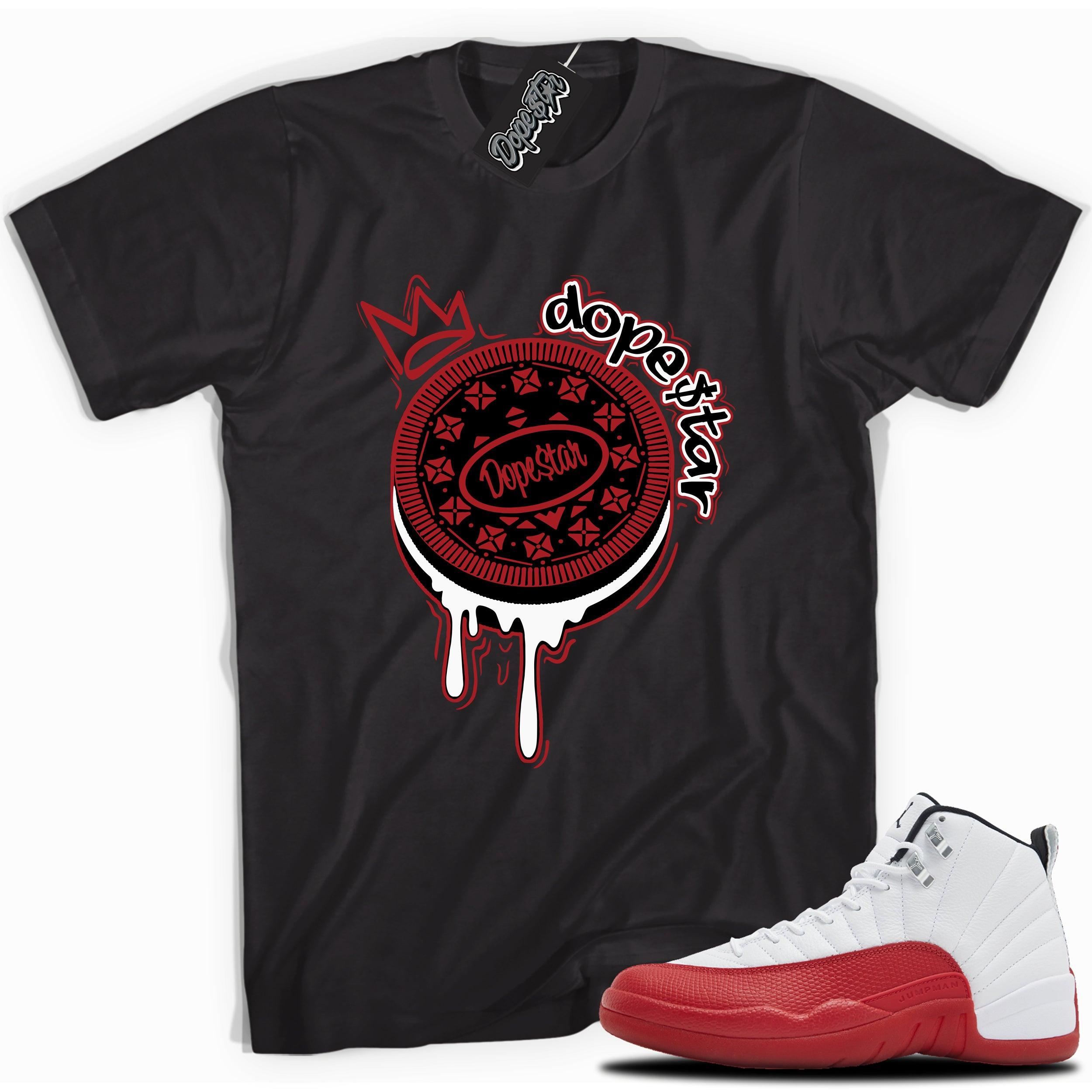 Cool Black graphic tee with “OREO DS” print, that perfectly matches Air Jordan 12 Retro Cherry Red 2023 red and white sneakers 