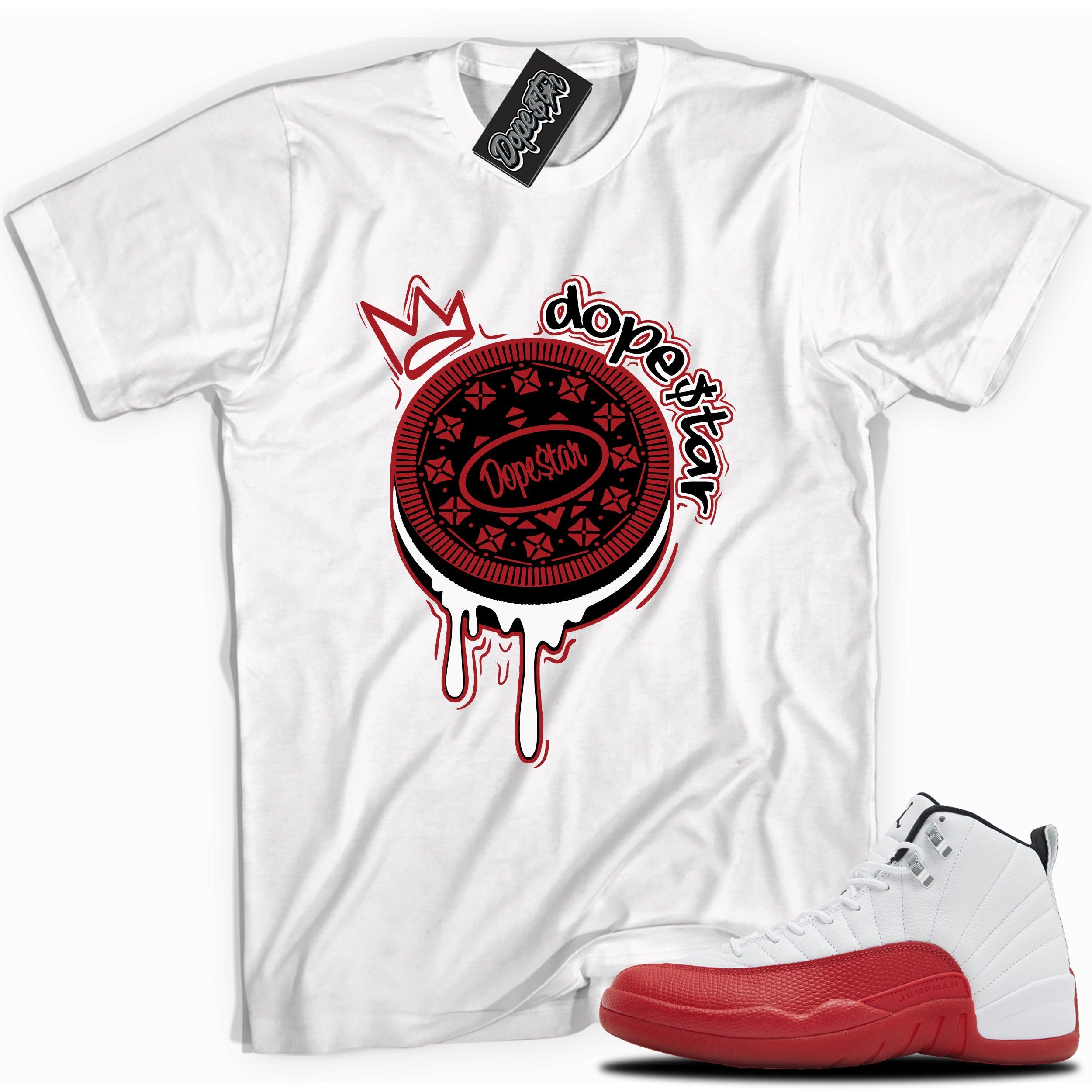 Cool White graphic tee with “OREO DS” print, that perfectly matches Air Jordan 12 Retro Cherry Red 2023 red and white sneakers