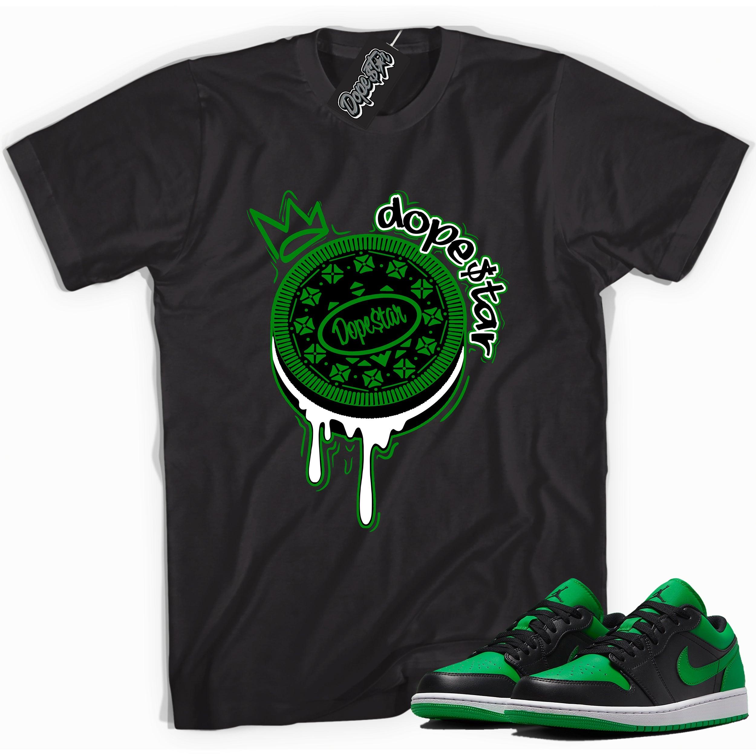 Cool black graphic tee with 'Dope $tar Oreo' print, that perfectly matches Air Jordan 1 Low Lucky Green sneakers