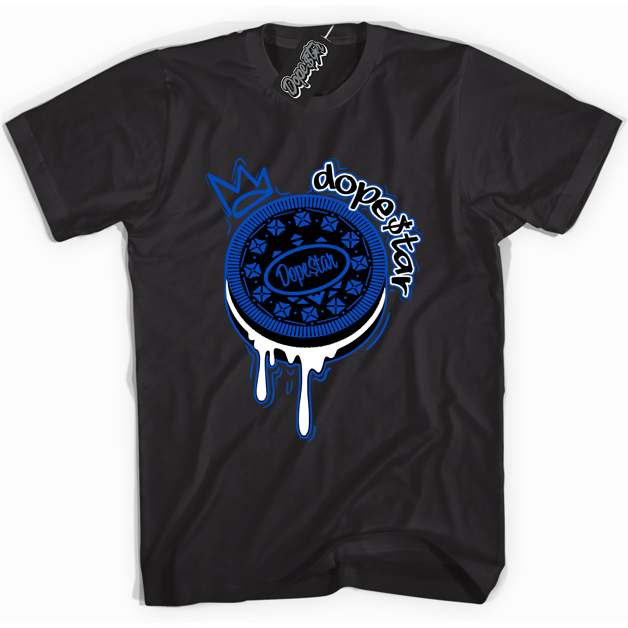 Cool Black graphic tee with Oreo DS print, that perfectly matches OG Royal Reimagined 1s sneakers 