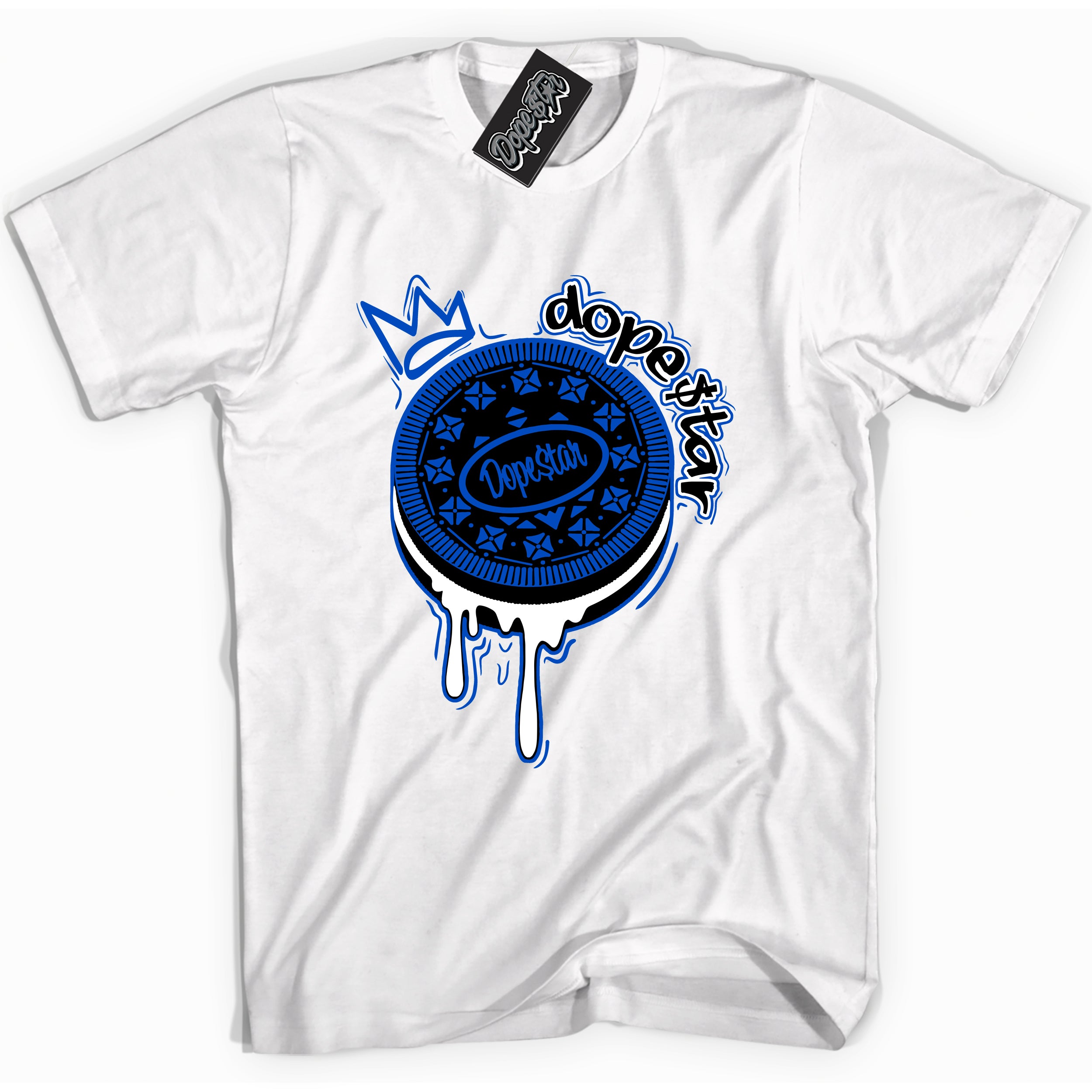 Cool White graphic tee with Oreo DS print, that perfectly matches OG Royal Reimagined 1s sneakers 