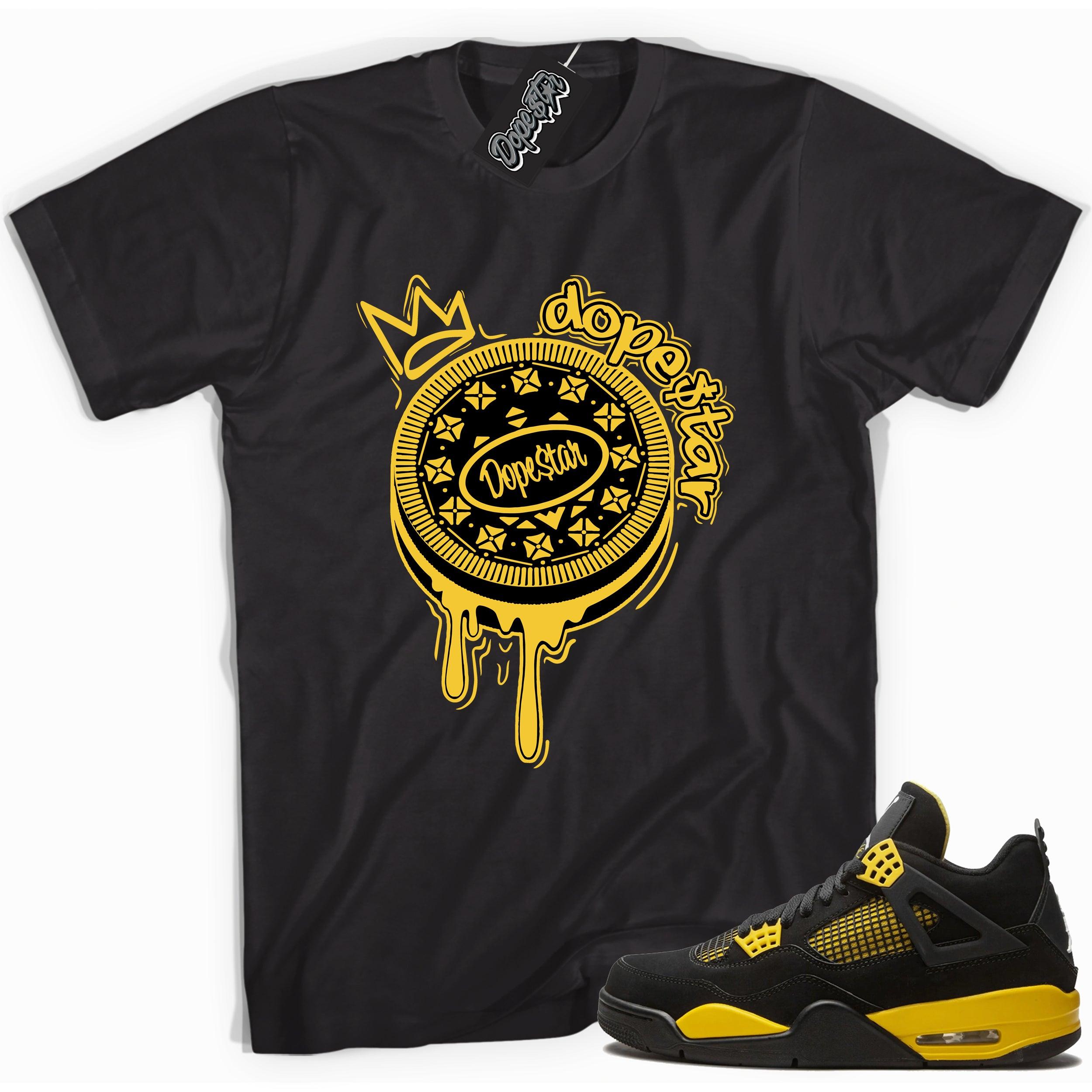 Cool black graphic tee with 'dopestar oreo' print, that perfectly matches  Air Jordan 4 Thunder sneakers