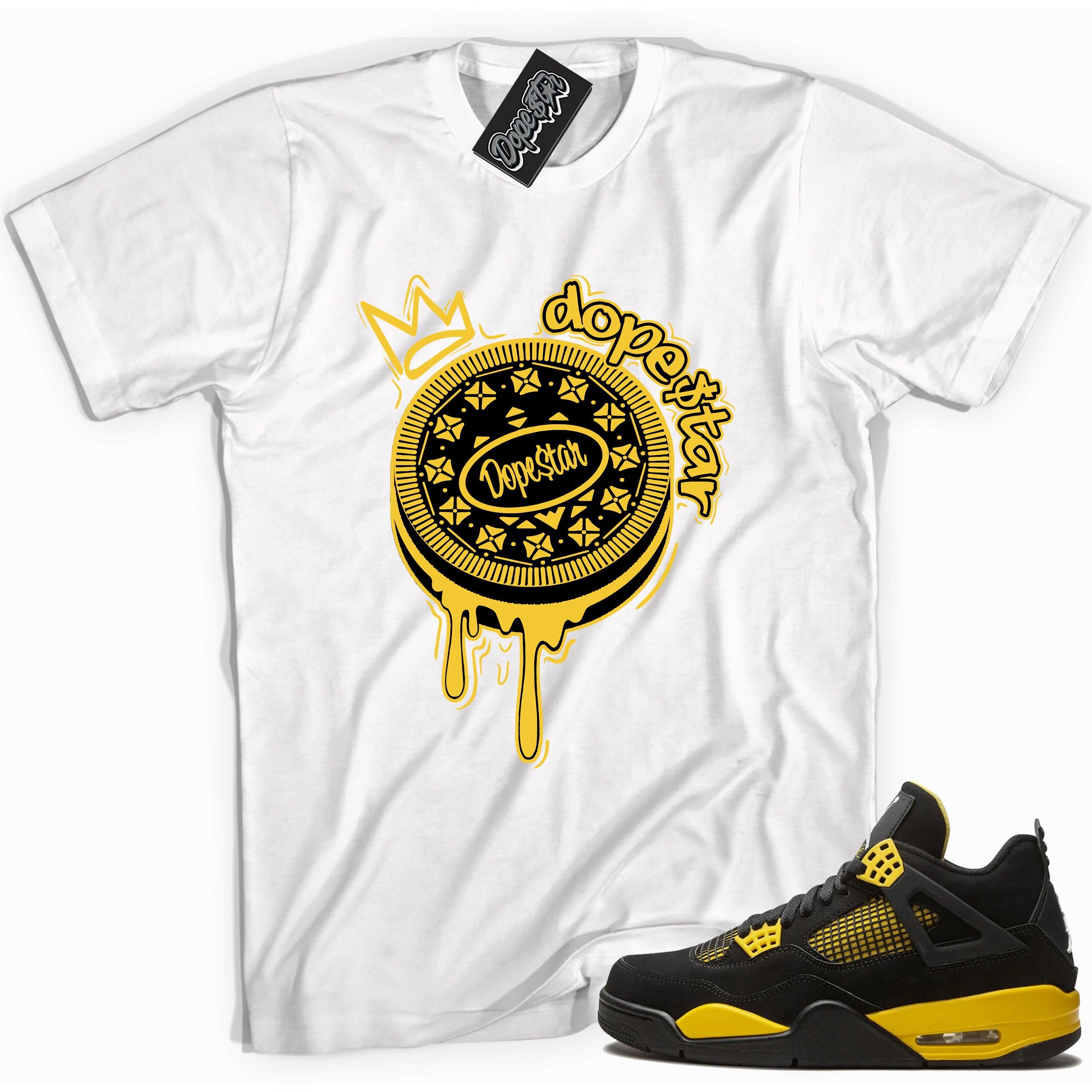 Cool white  graphic tee with 'dopestar oreo' print, that perfectly matches Air Jordan 4 Thunder sneakers