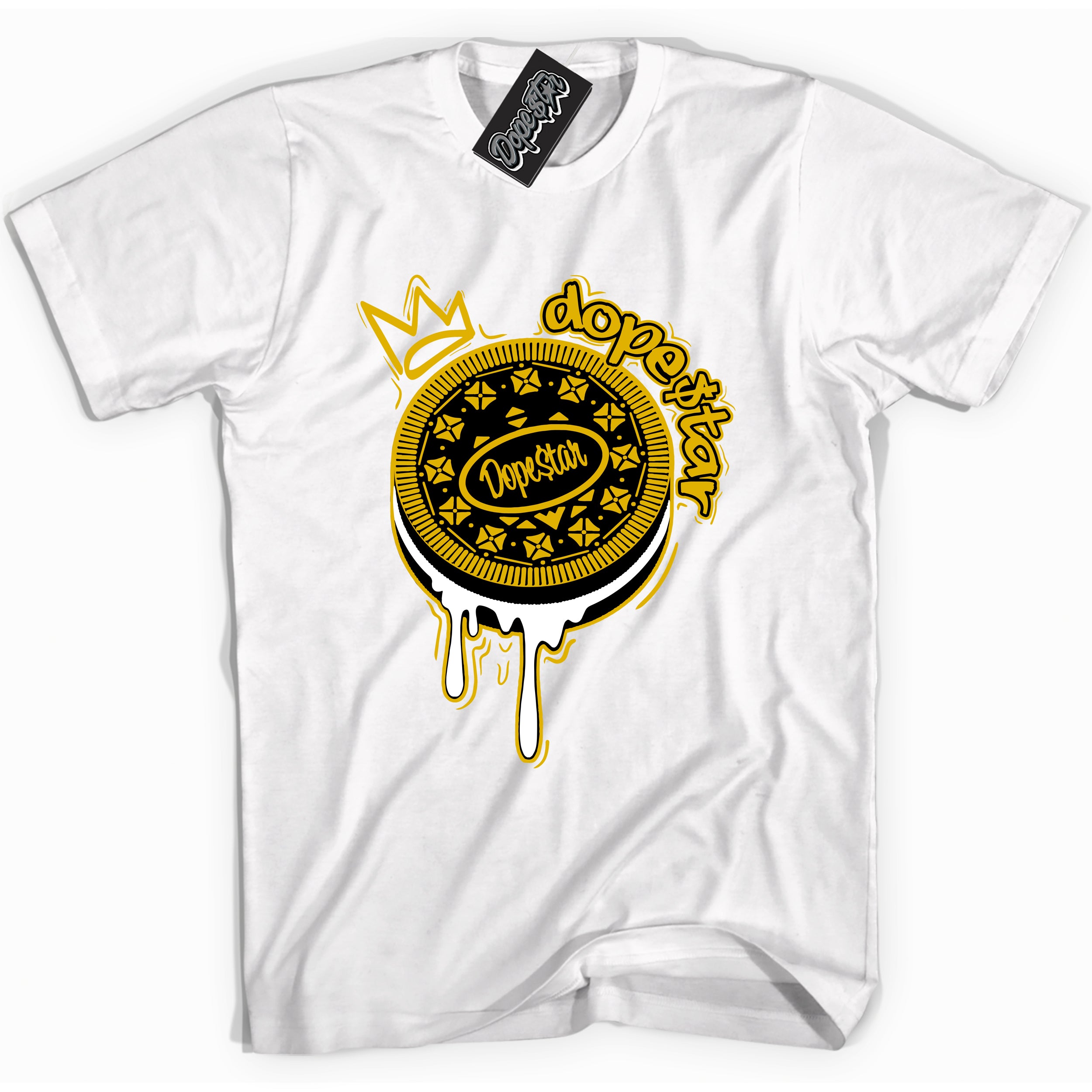 Cool White Shirt with “ Oreo DS” design that perfectly matches Yellow Ochre 6s Sneakers.