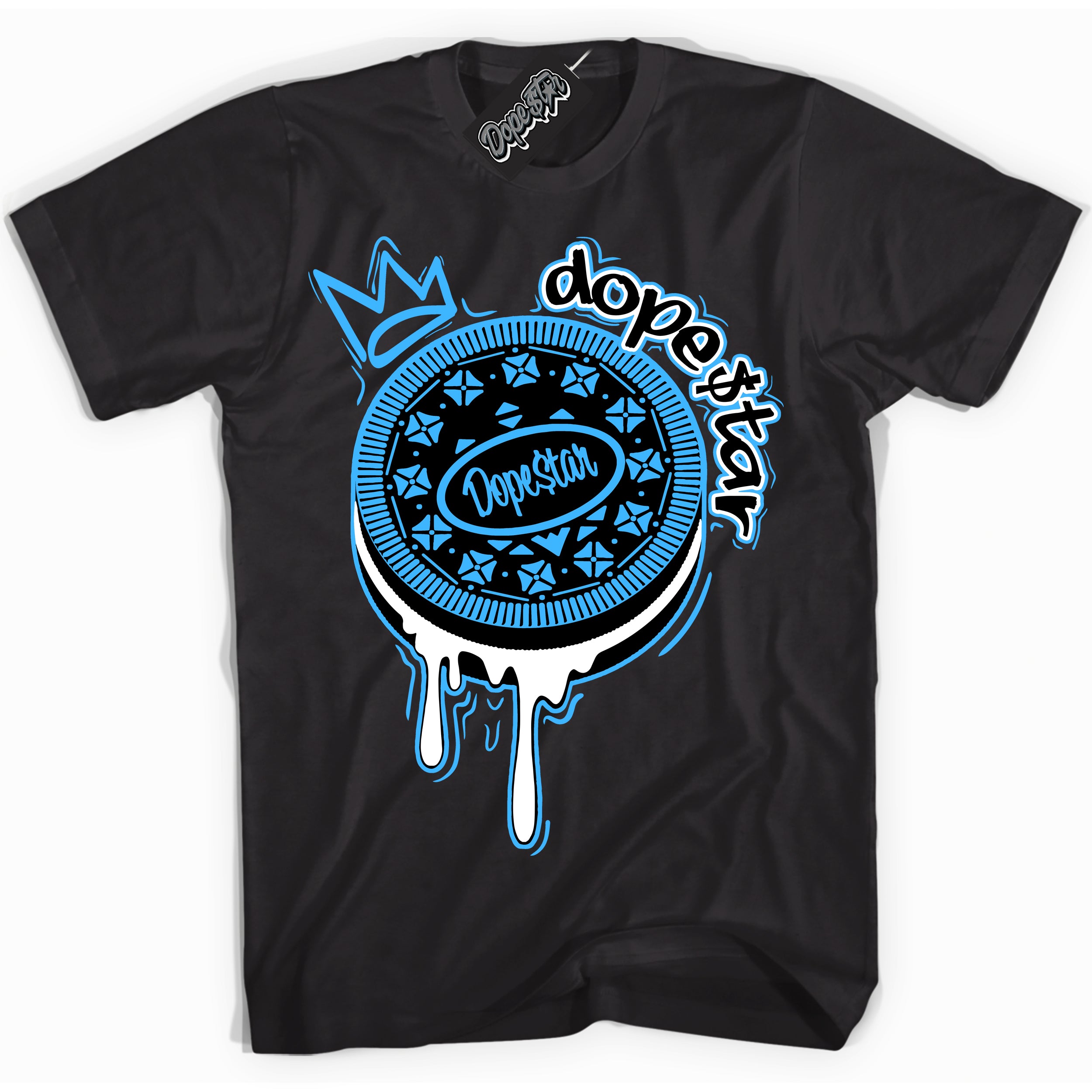 Cool Black graphic tee with “ Oreo DS ” design, that perfectly matches Powder Blue 9s sneakers 