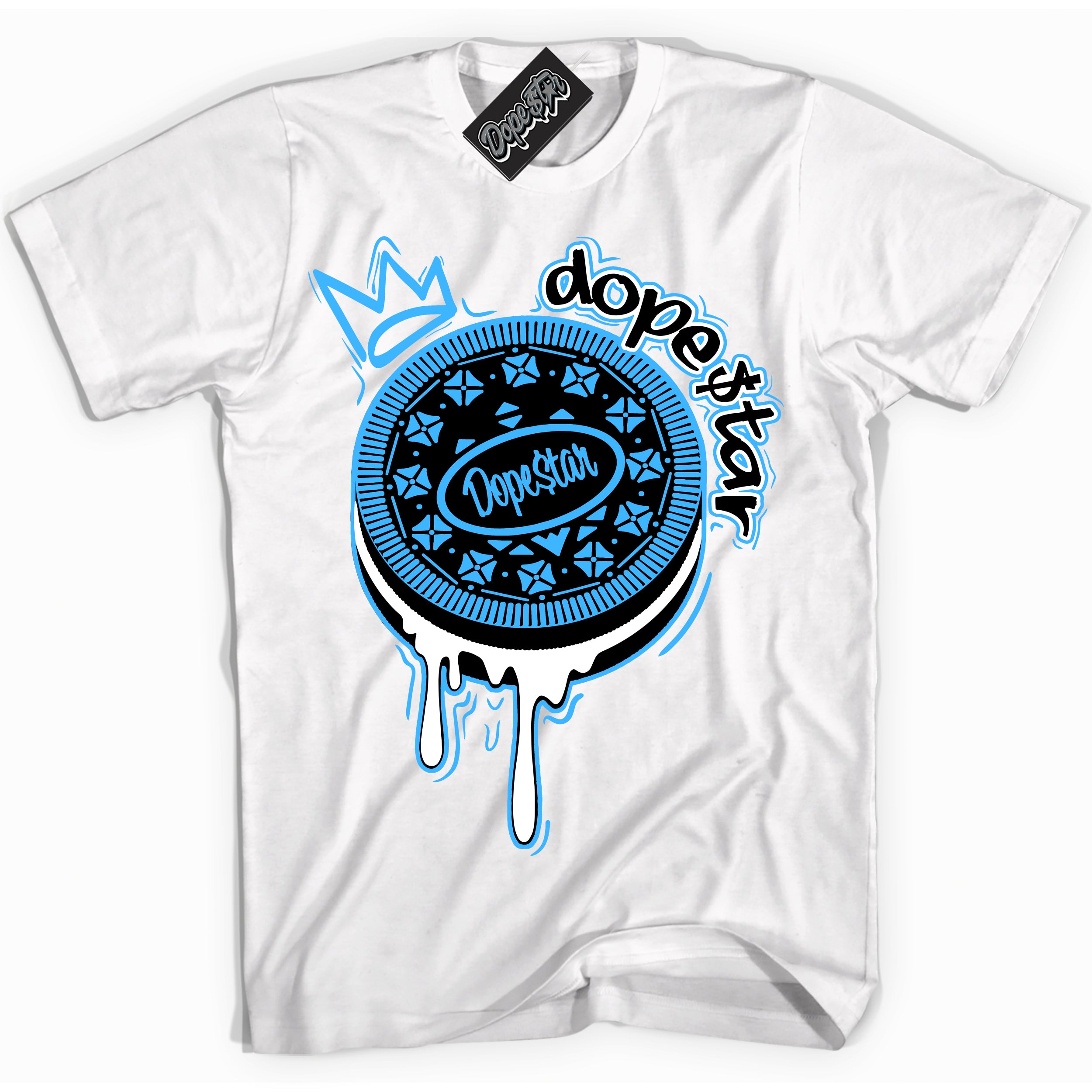 Cool White graphic tee with “ Oreo DS ” design, that perfectly matches Powder Blue 9s sneakers 