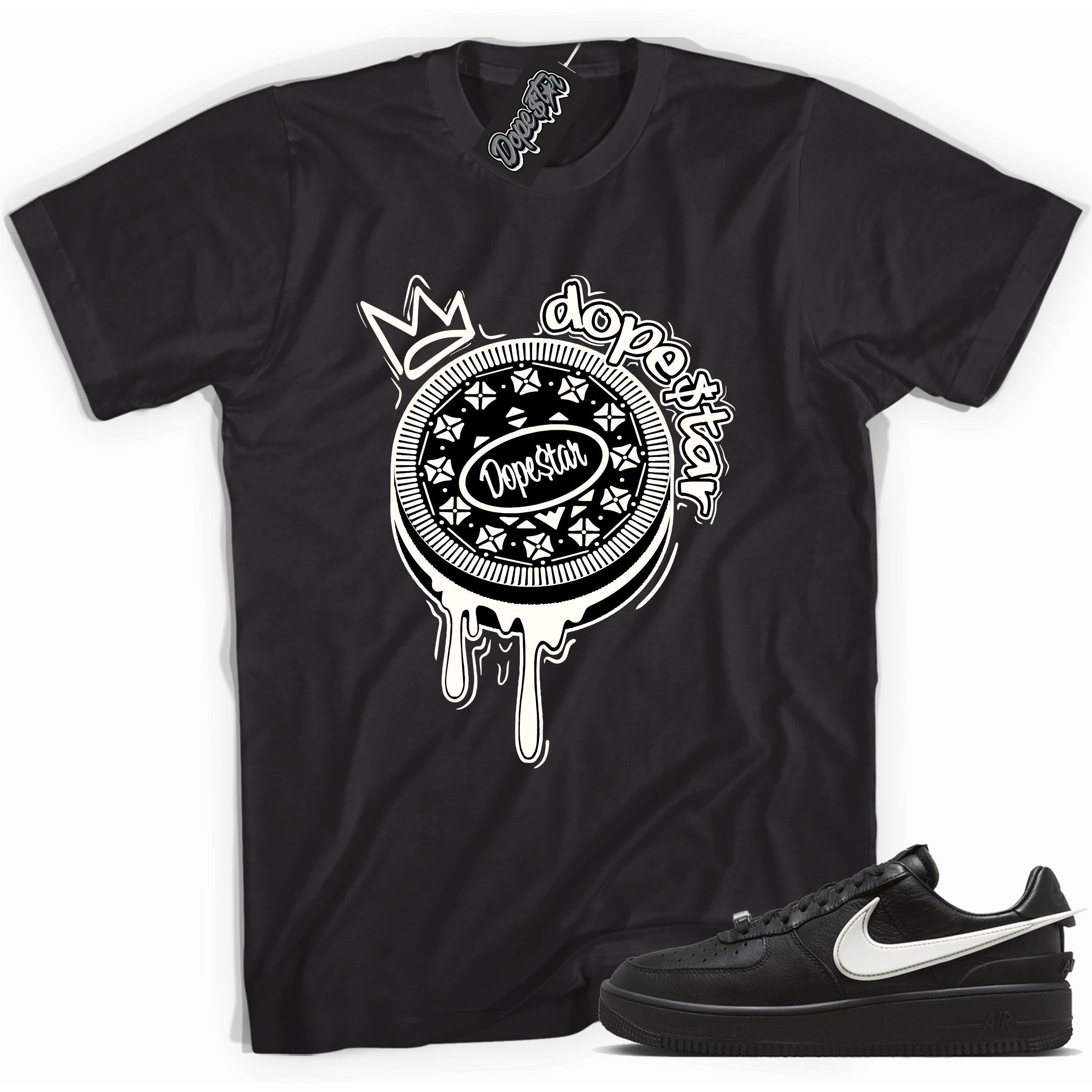 Cool black graphic tee with 'Oreo Dope$tar' print, that perfectly matches Nike Air Force 1 Low SP Ambush Phantom sneakers.