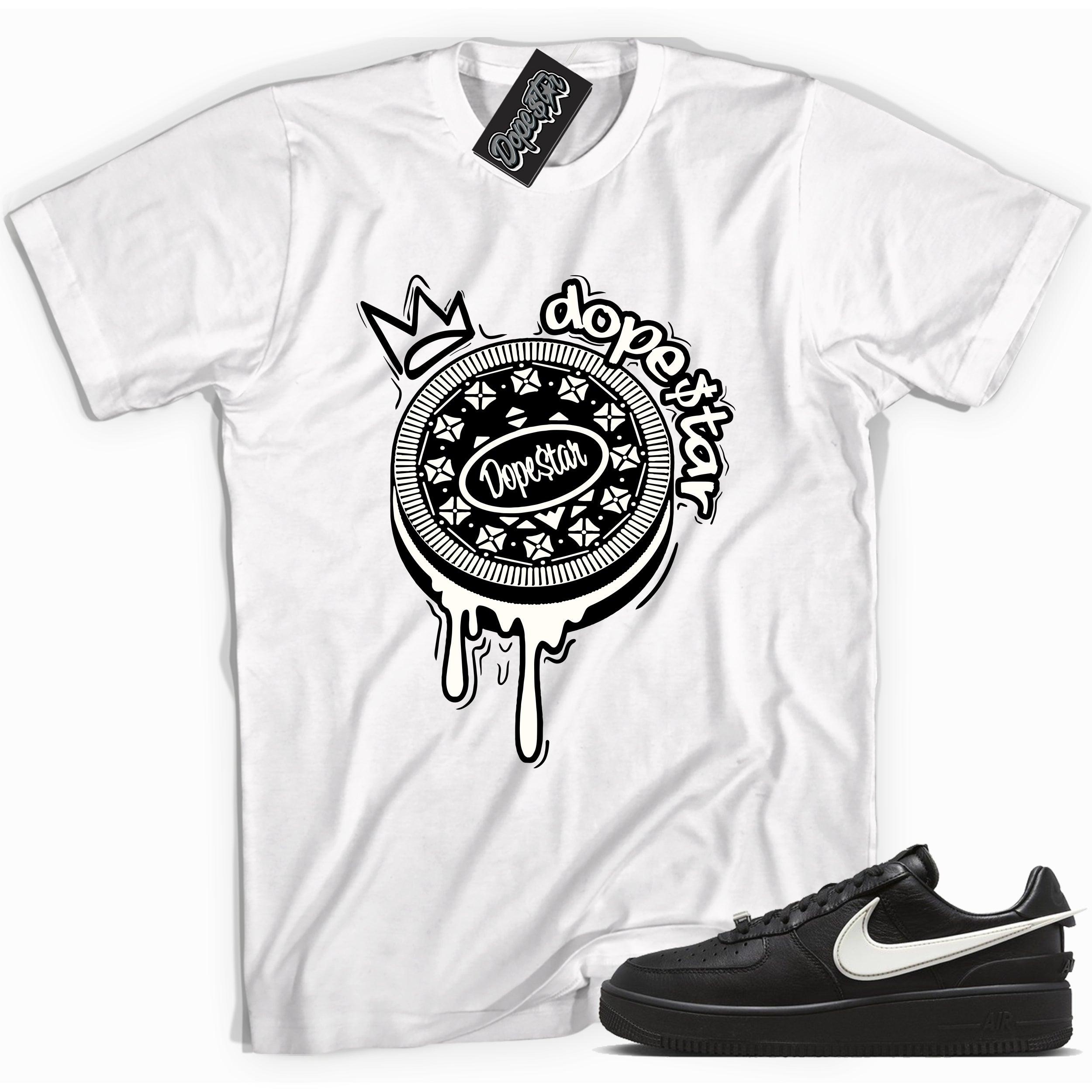 Cool white graphic tee with 'Oreo Dope$tar' print, that perfectly matches Nike Air Force 1 Low SP Ambush Phantom sneakers.