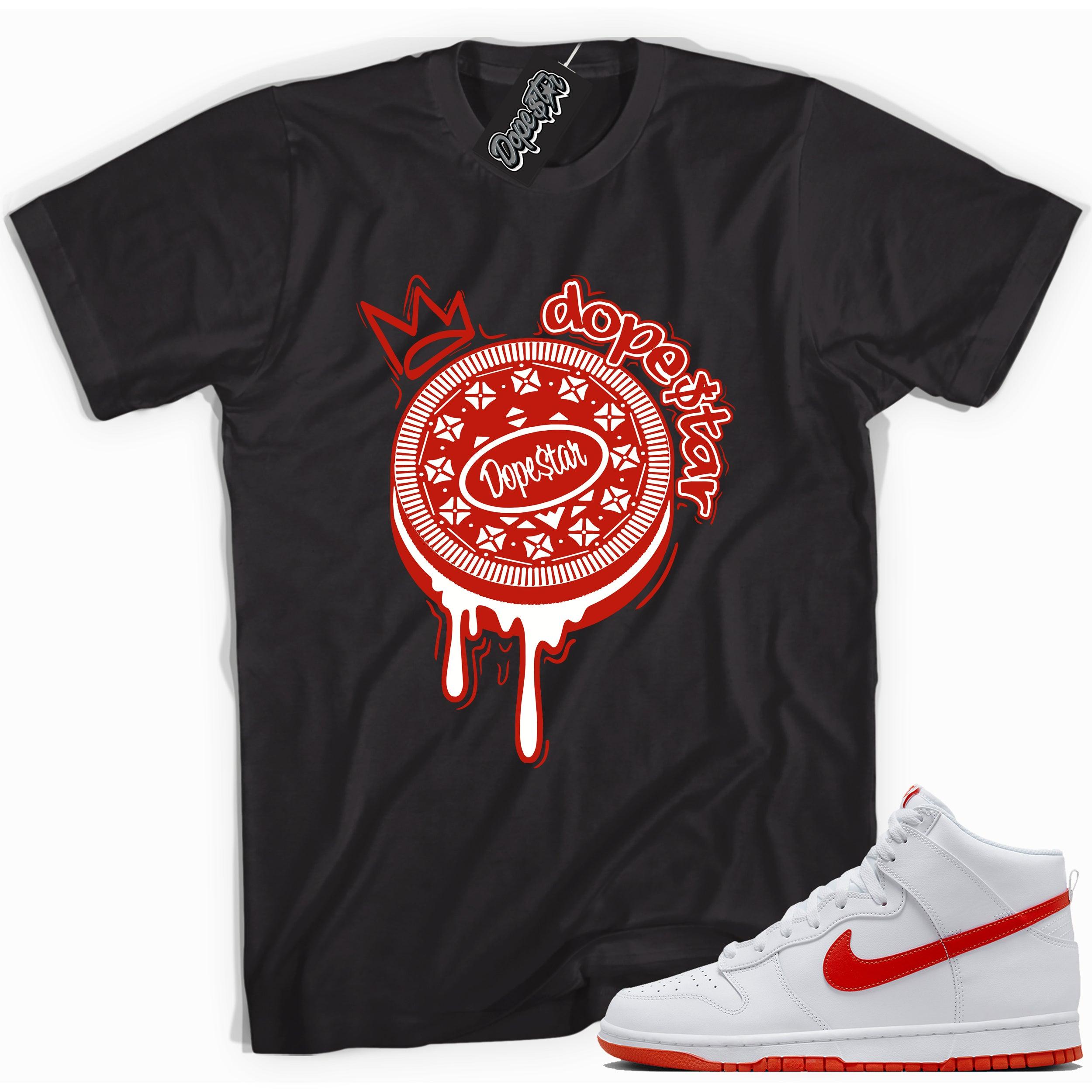 Cool black graphic tee with 'oreo' print, that perfectly matches Nike Dunk High White Picante Red sneakers.