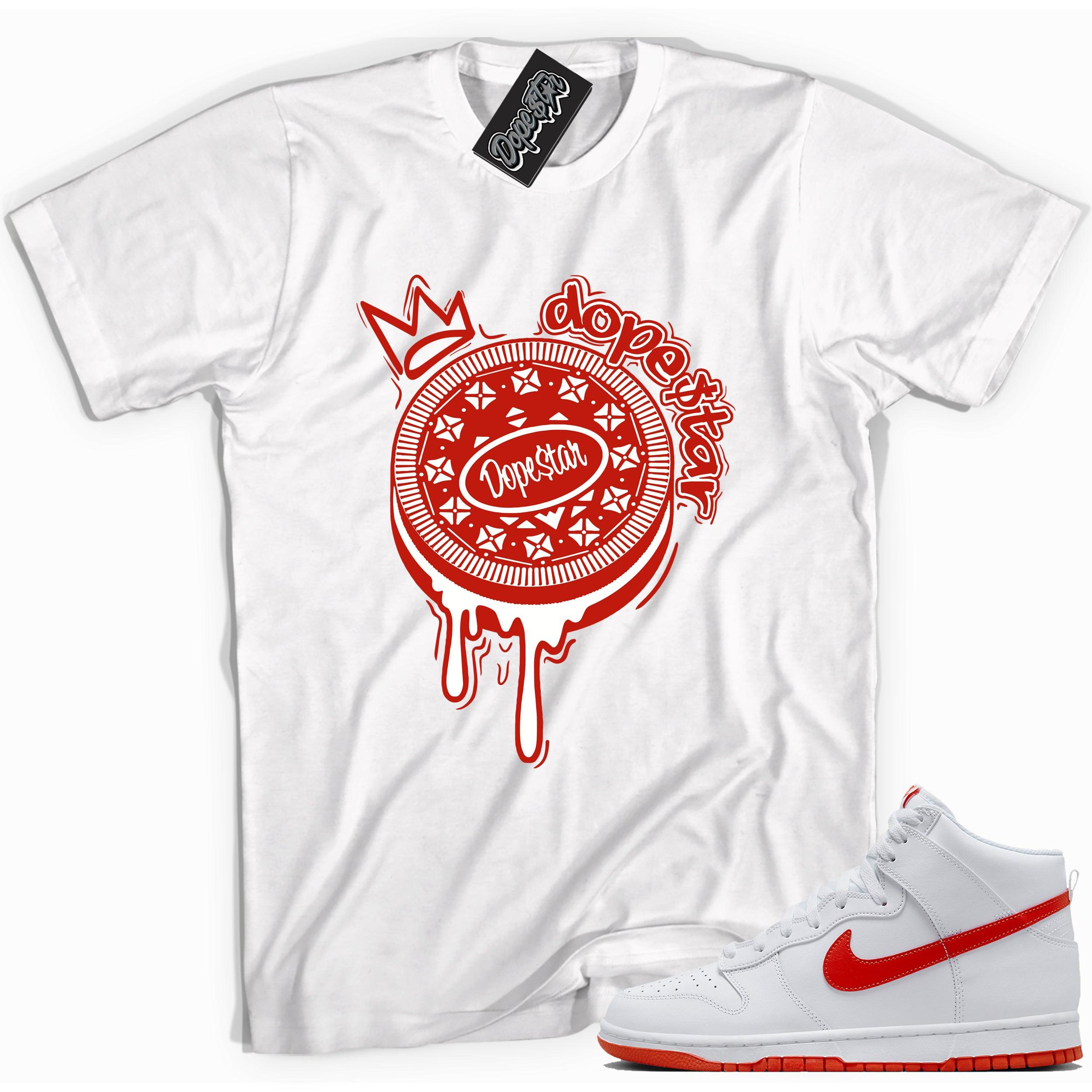 Cool white graphic tee with 'oreo' print, that perfectly matches Nike Dunk High White Picante Red sneakers.
