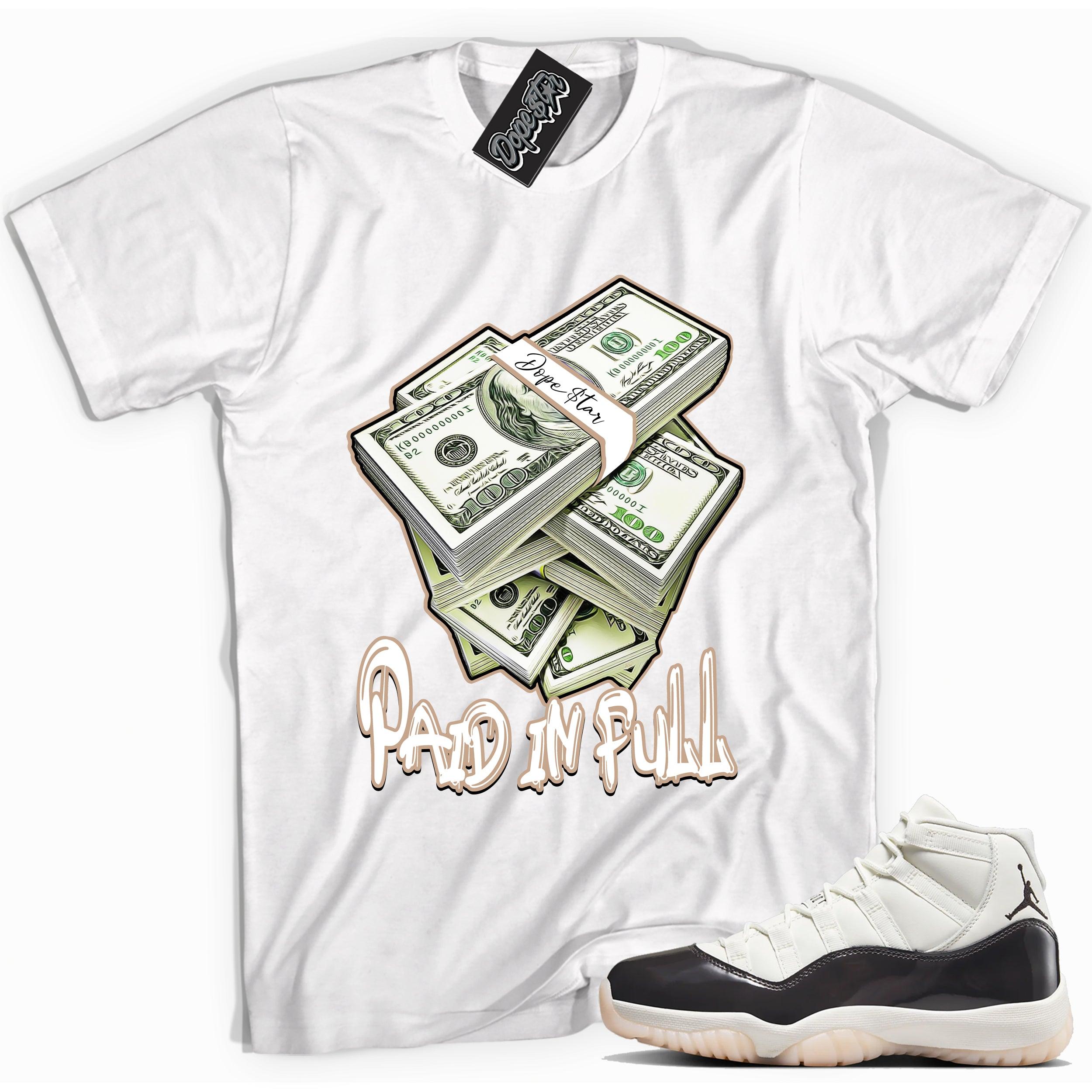 Cool White graphic tee with “ Paid In Full ” print, that perfectly matches Air Jordan 11 Neapolitan sneakers 