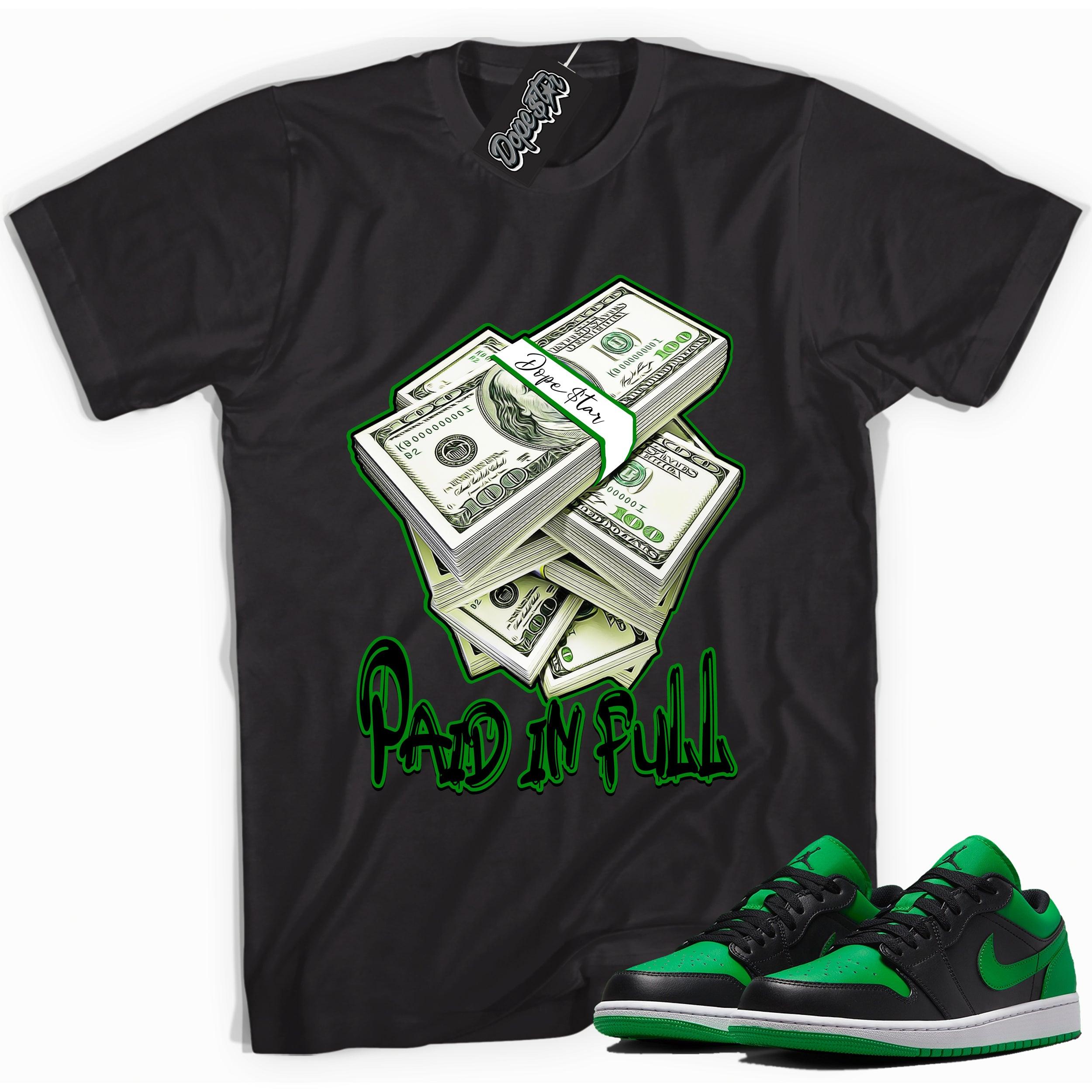 Cool black graphic tee with 'Paid In Full' print, that perfectly matches Air Jordan 1 Low Lucky Green sneakers