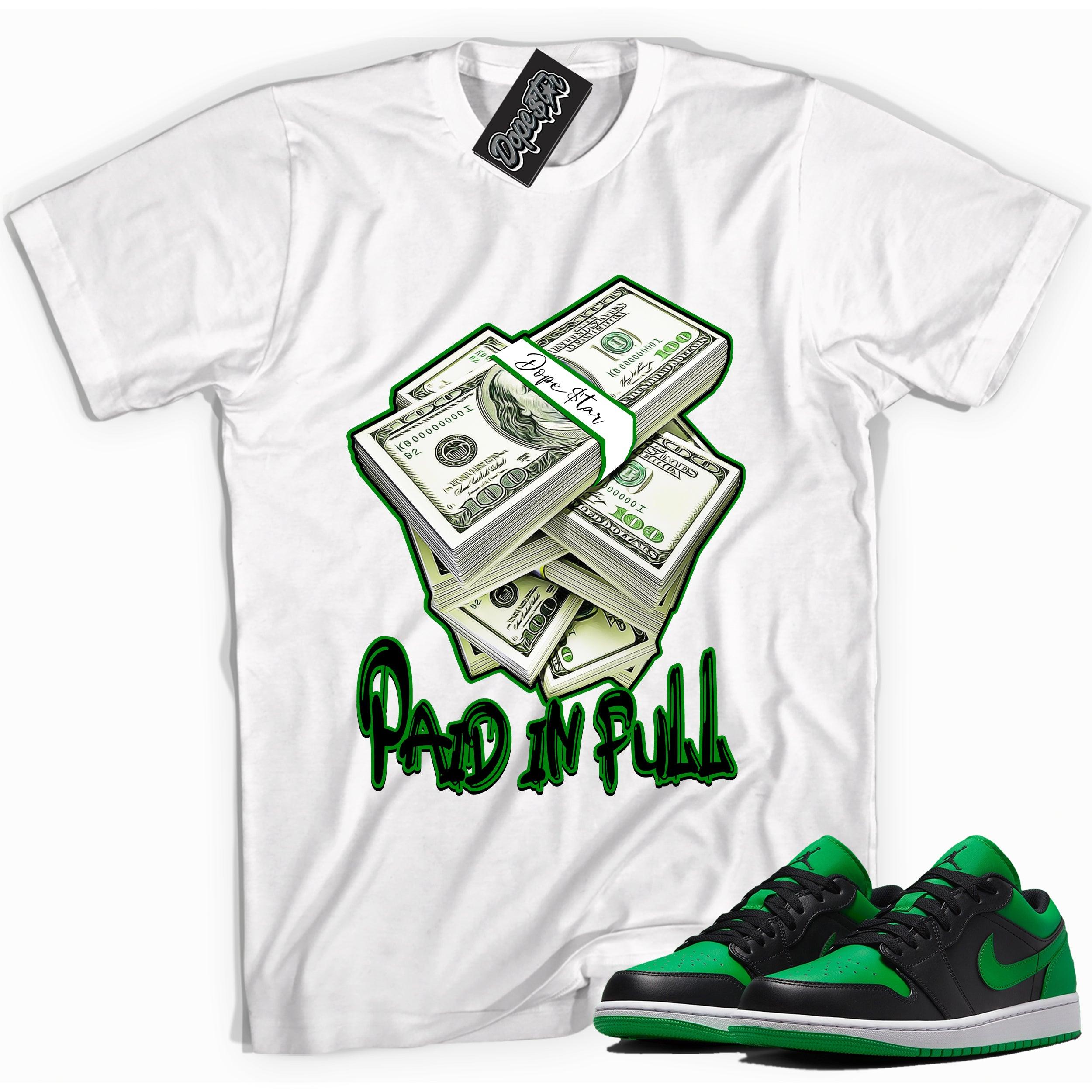 Cool white graphic tee with 'Paid In Full' print, that perfectly matches Air Jordan 1 Low Lucky Green sneakers