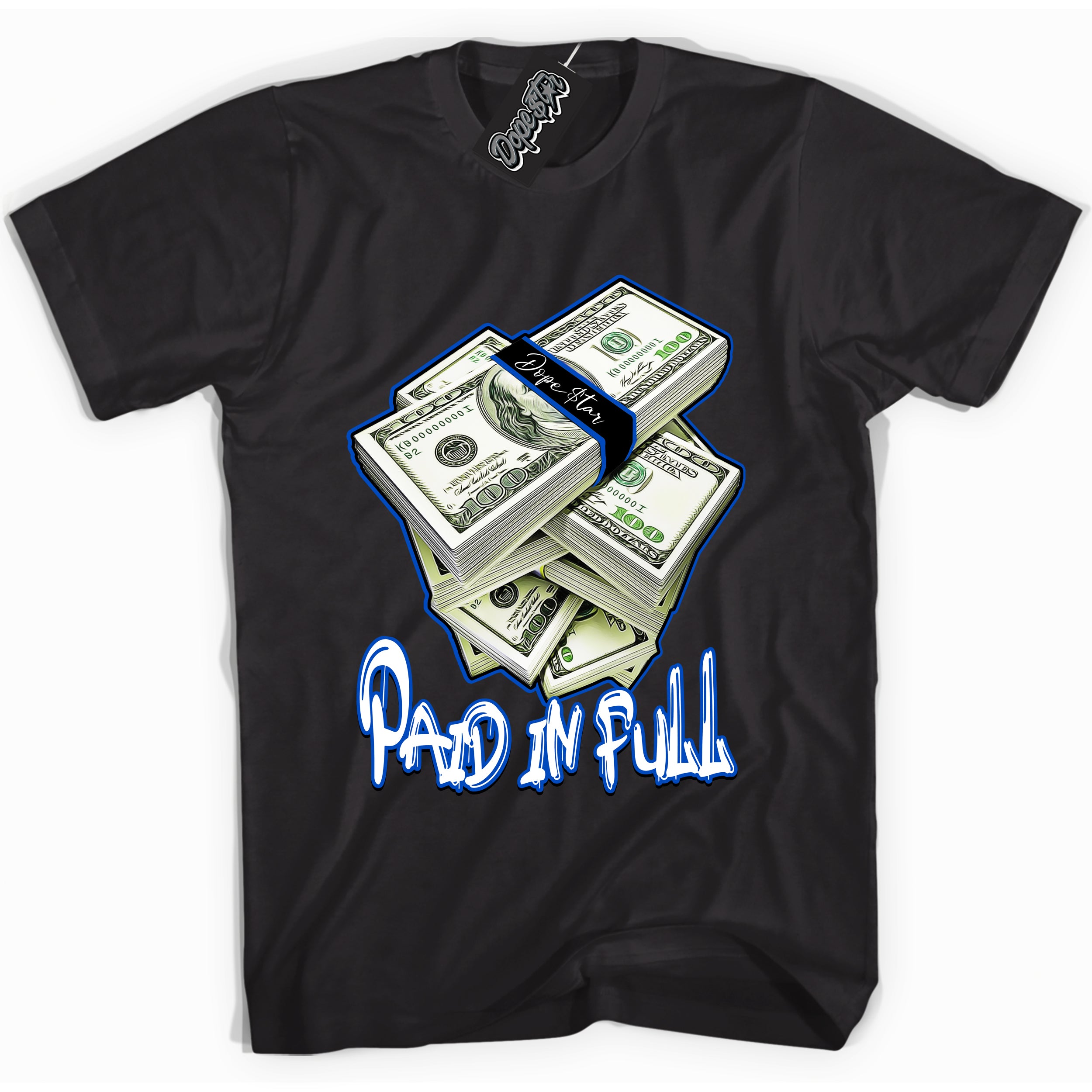 Cool Black graphic tee with Paid In Full print, that perfectly matches OG Royal Reimagined 1s sneakers 