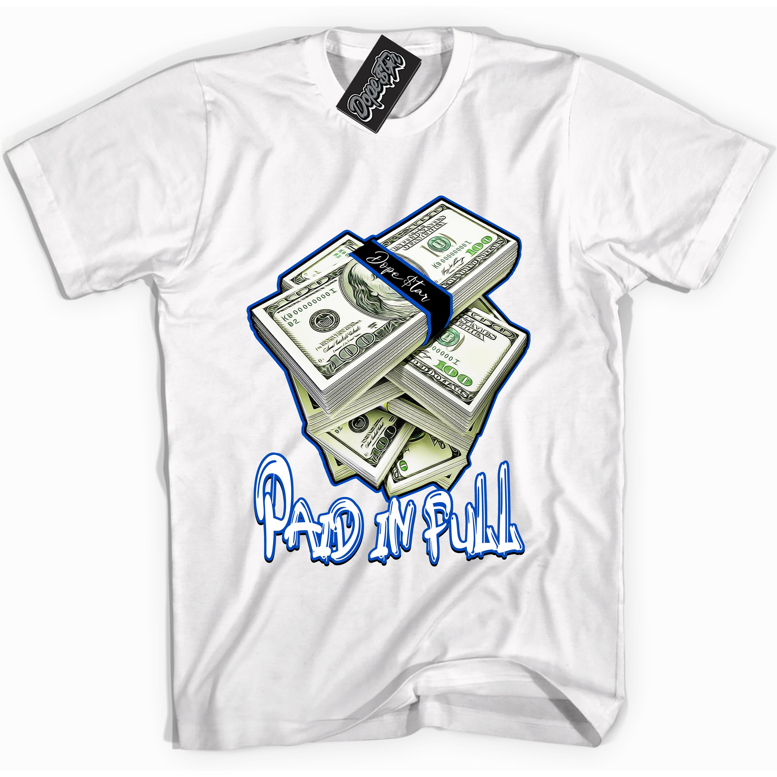 Cool White graphic tee with Paid In Full print, that perfectly matches OG Royal Reimagined 1s sneakers 