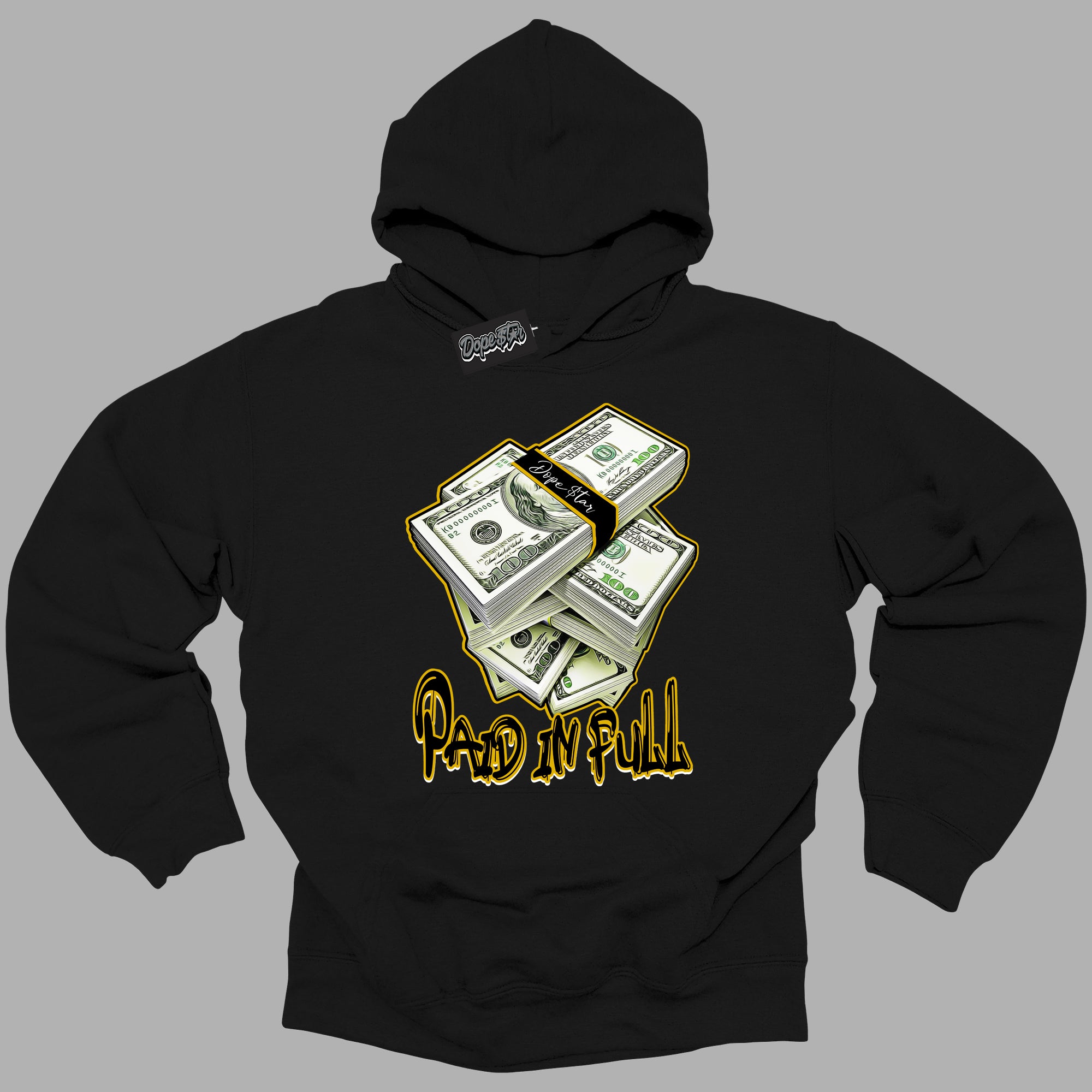 Cool Black Hoodie with “ Paid In Full ”  design that Perfectly Matches Yellow Ochre 6s Sneakers.
