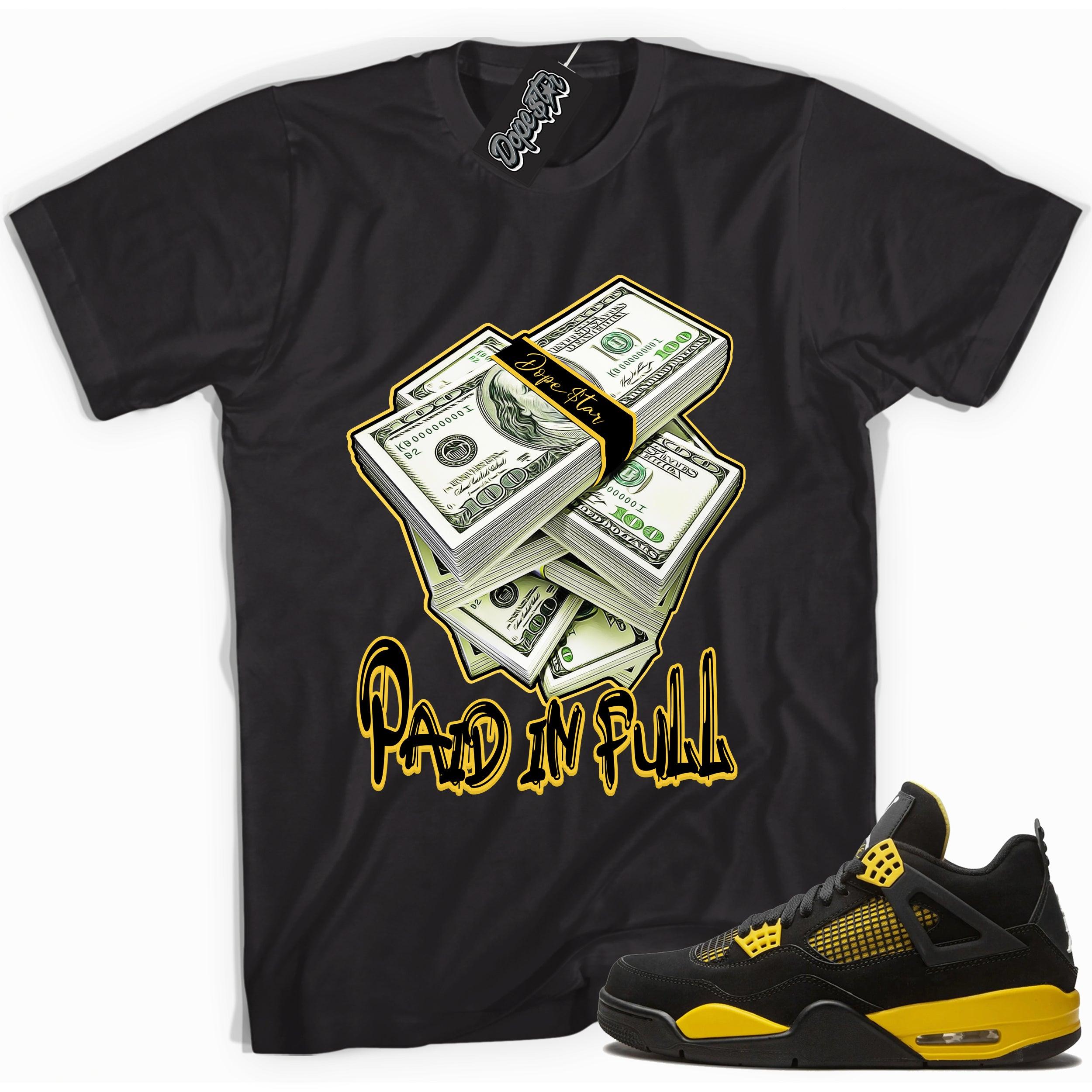 Cool black graphic tee with 'paid in full' print, that perfectly matches  Air Jordan 4 Thunder sneakers