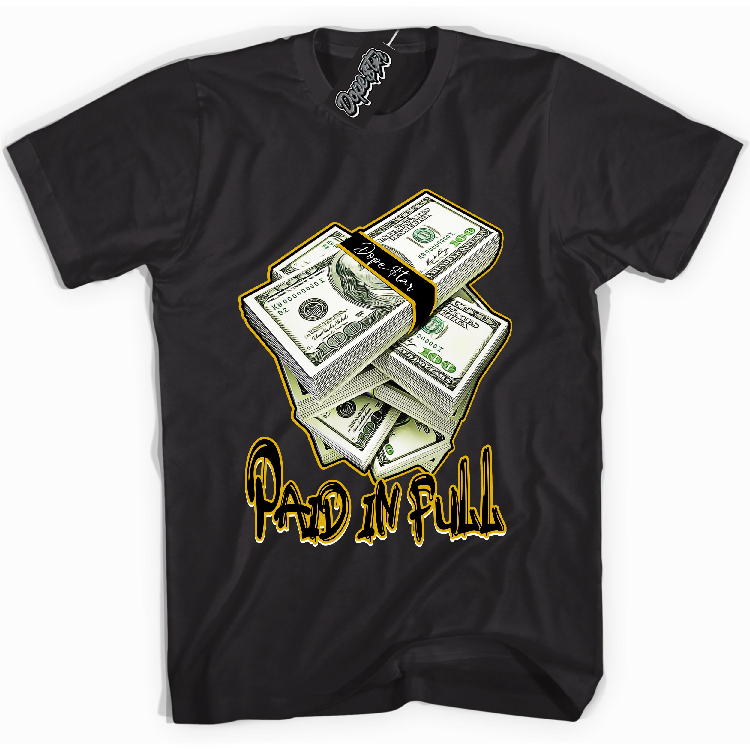 Cool Black Shirt with “ Paid In Full ” design that perfectly matches Yellow Ochre 6s Sneakers.