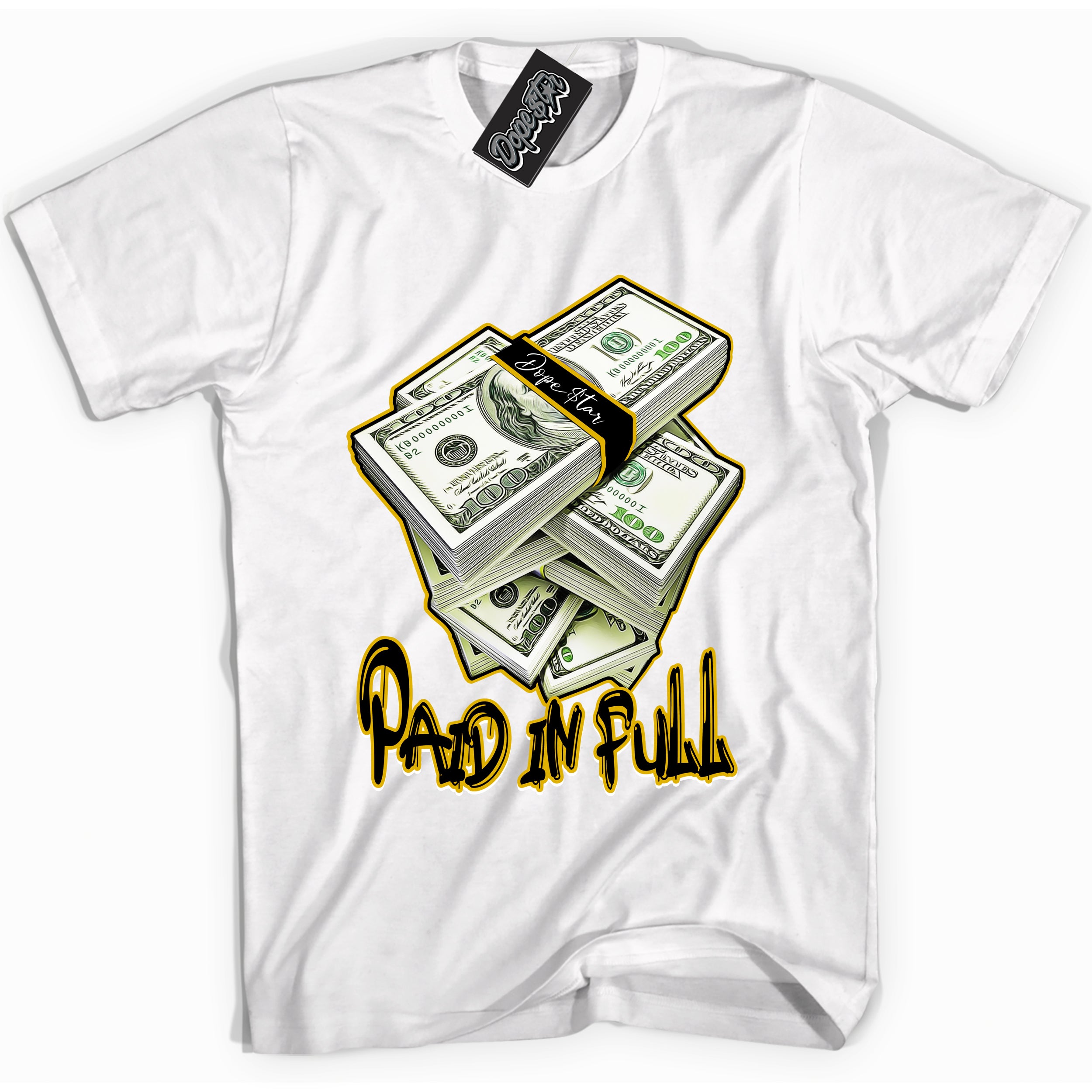 Cool White Shirt with “ Paid In Full” design that perfectly matches Yellow Ochre 6s Sneakers.