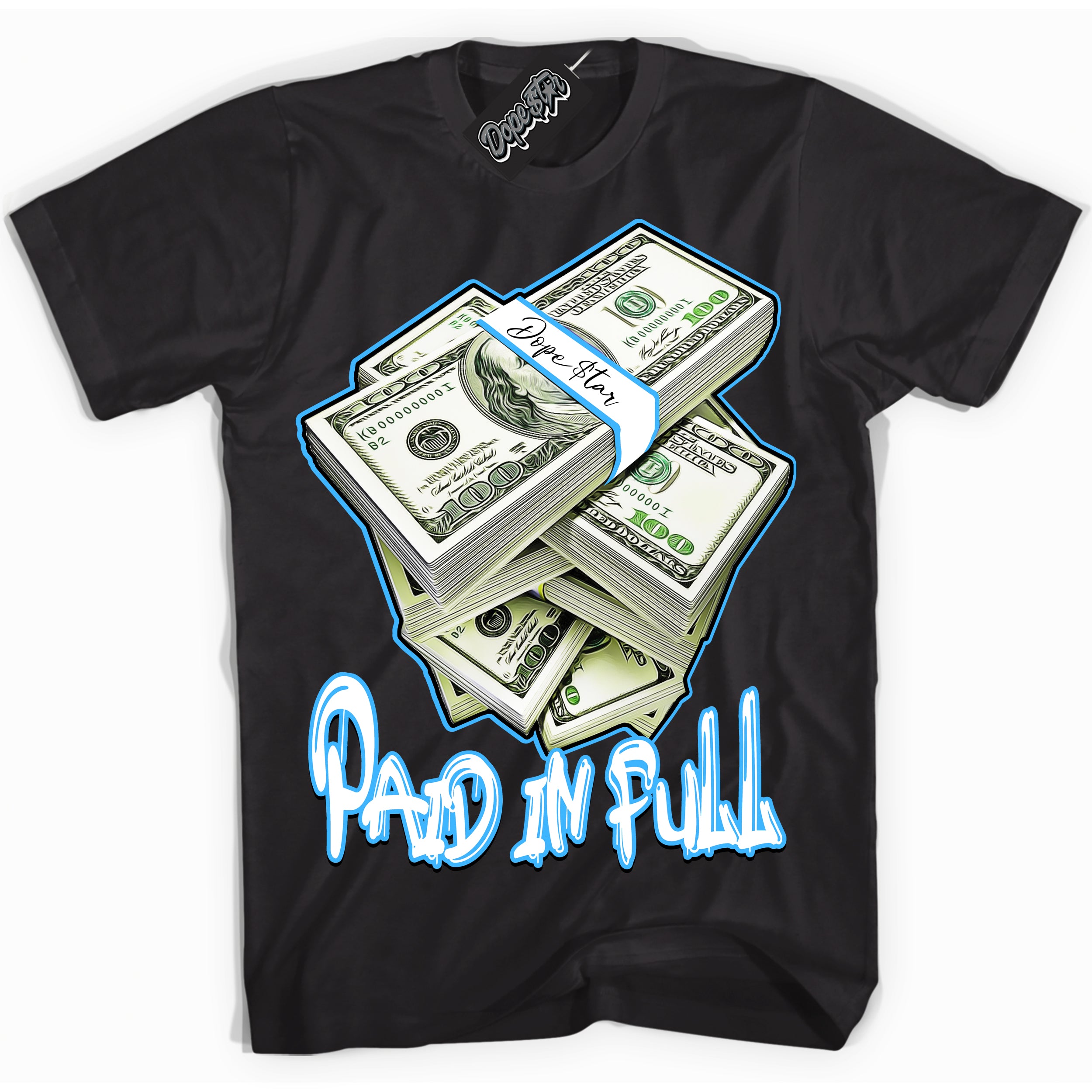 Cool Black graphic tee with “ Paid In Full ” design, that perfectly matches Powder Blue 9s sneakers 