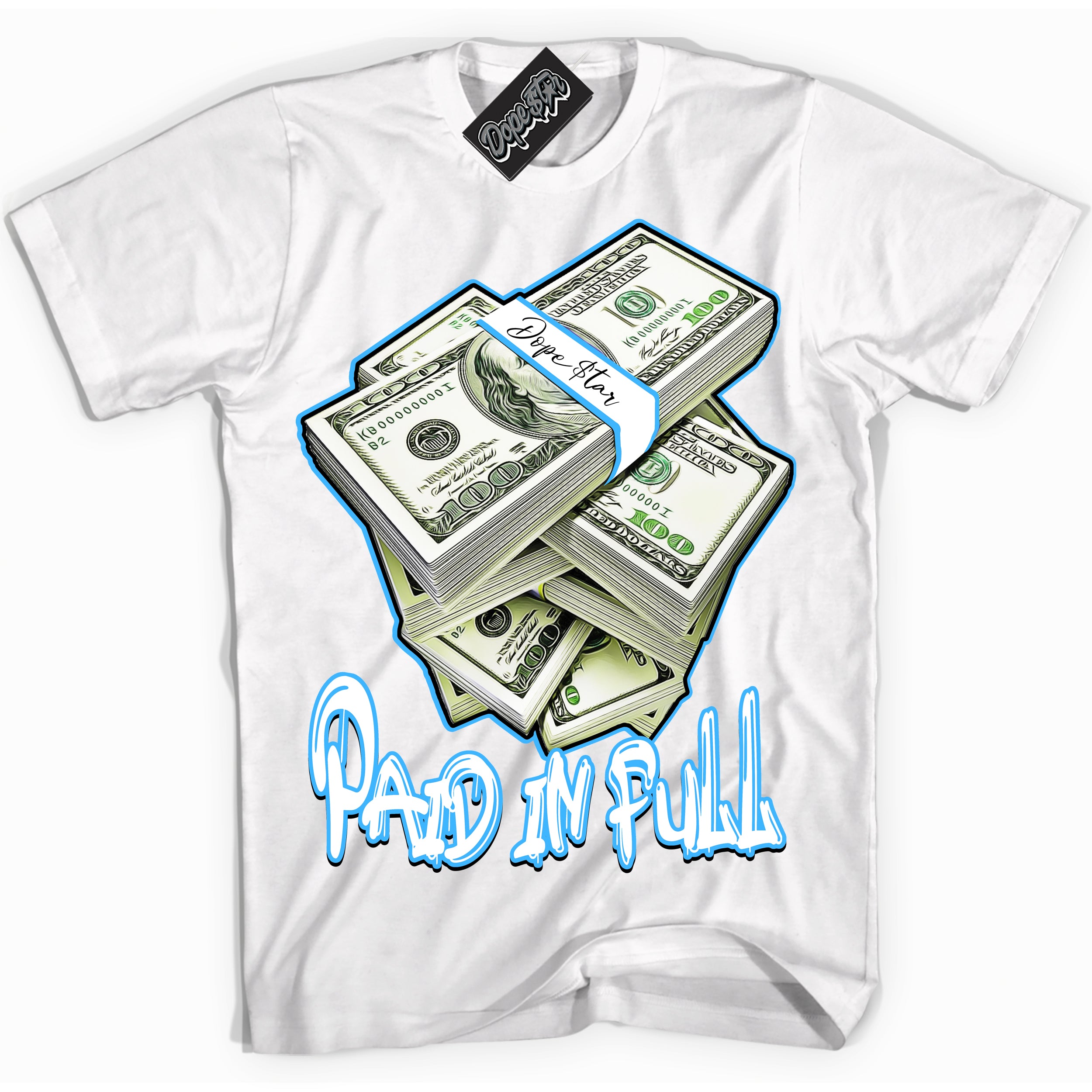 Cool White graphic tee with “ Paid In Full ” design, that perfectly matches Powder Blue 9s sneakers 