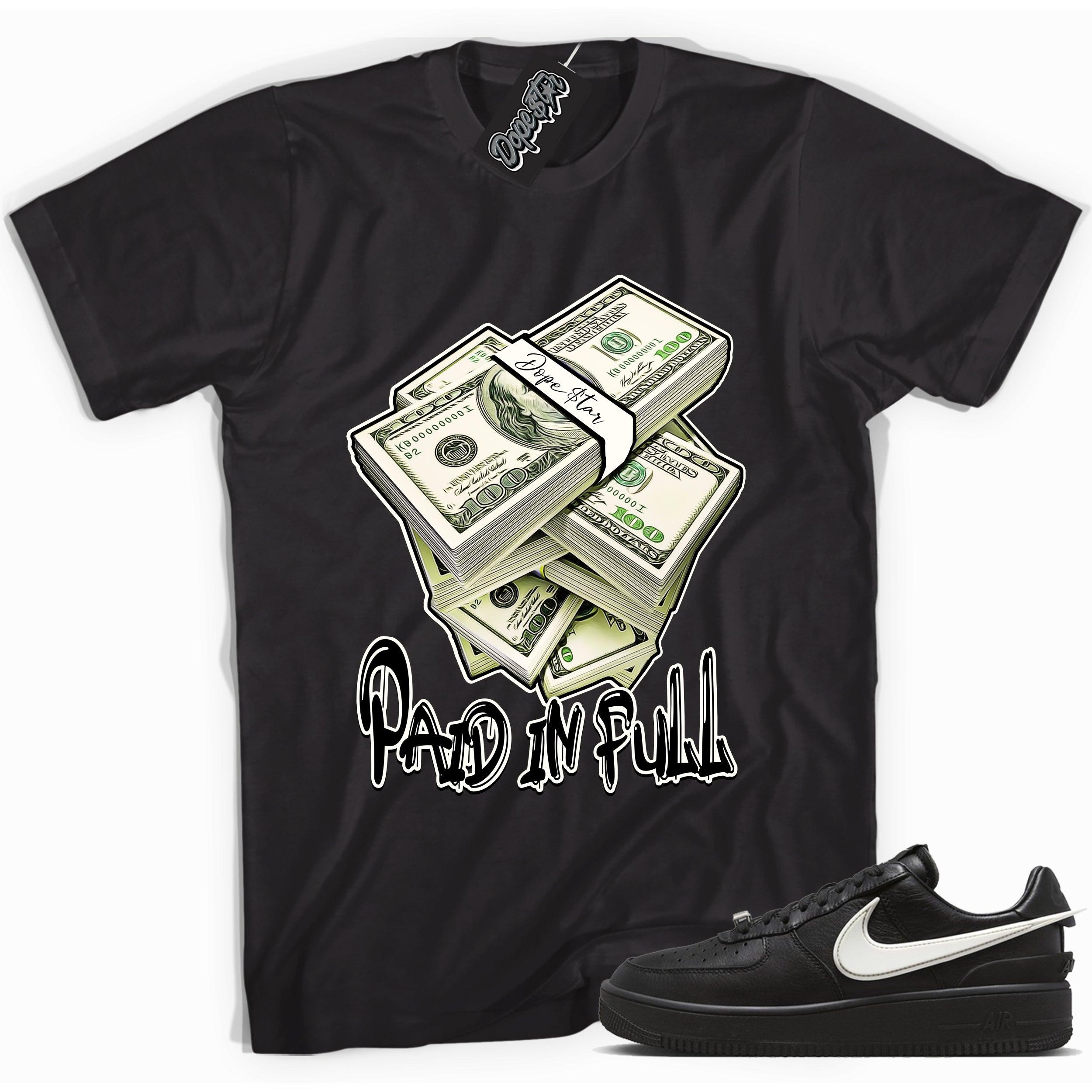 Cool black graphic tee with 'paid in full' print, that perfectly matches Nike Air Force 1 Low SP Ambush Phantom sneakers.