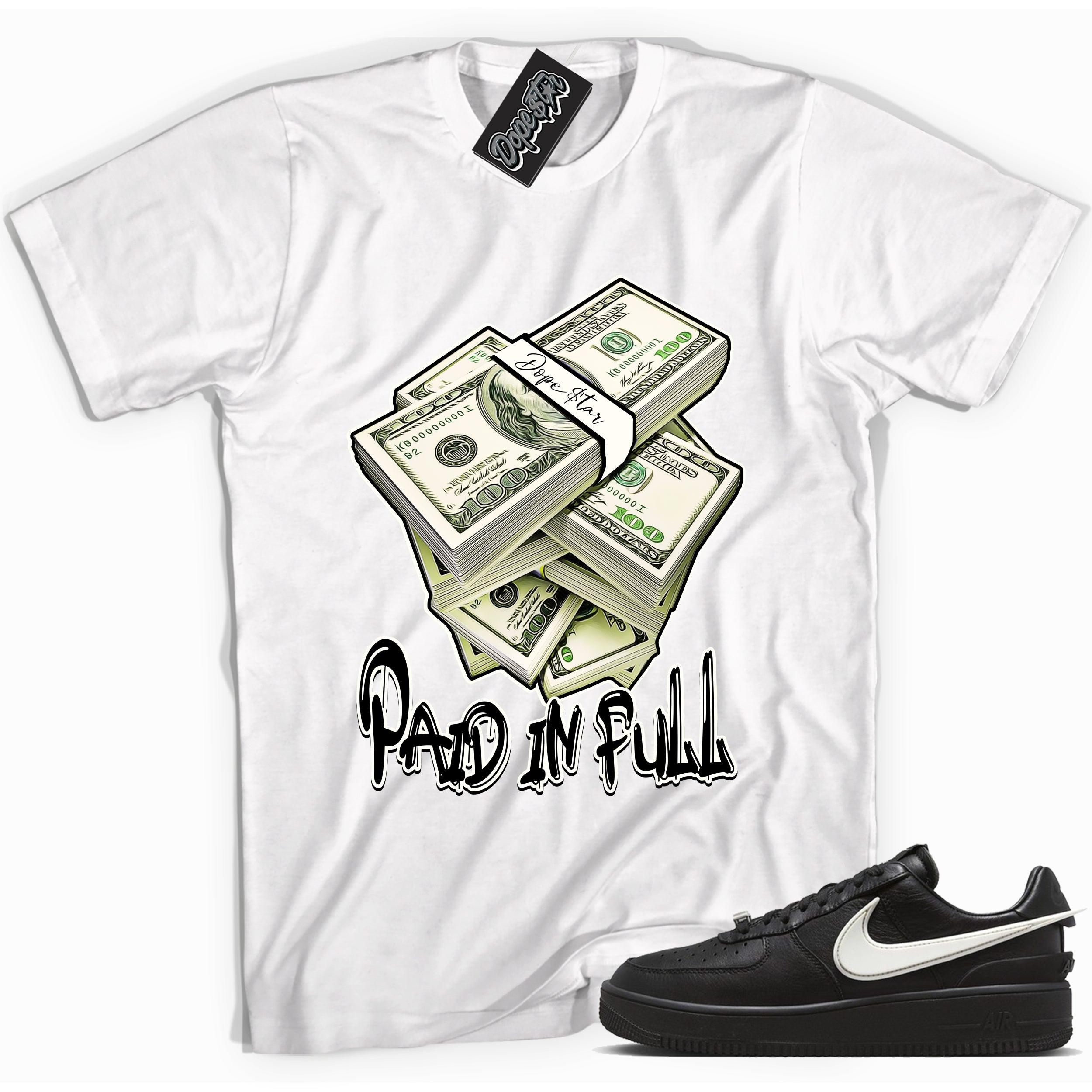 Cool white graphic tee with 'paid in full' print, that perfectly matches Nike Air Force 1 Low SP Ambush Phantom sneakers.