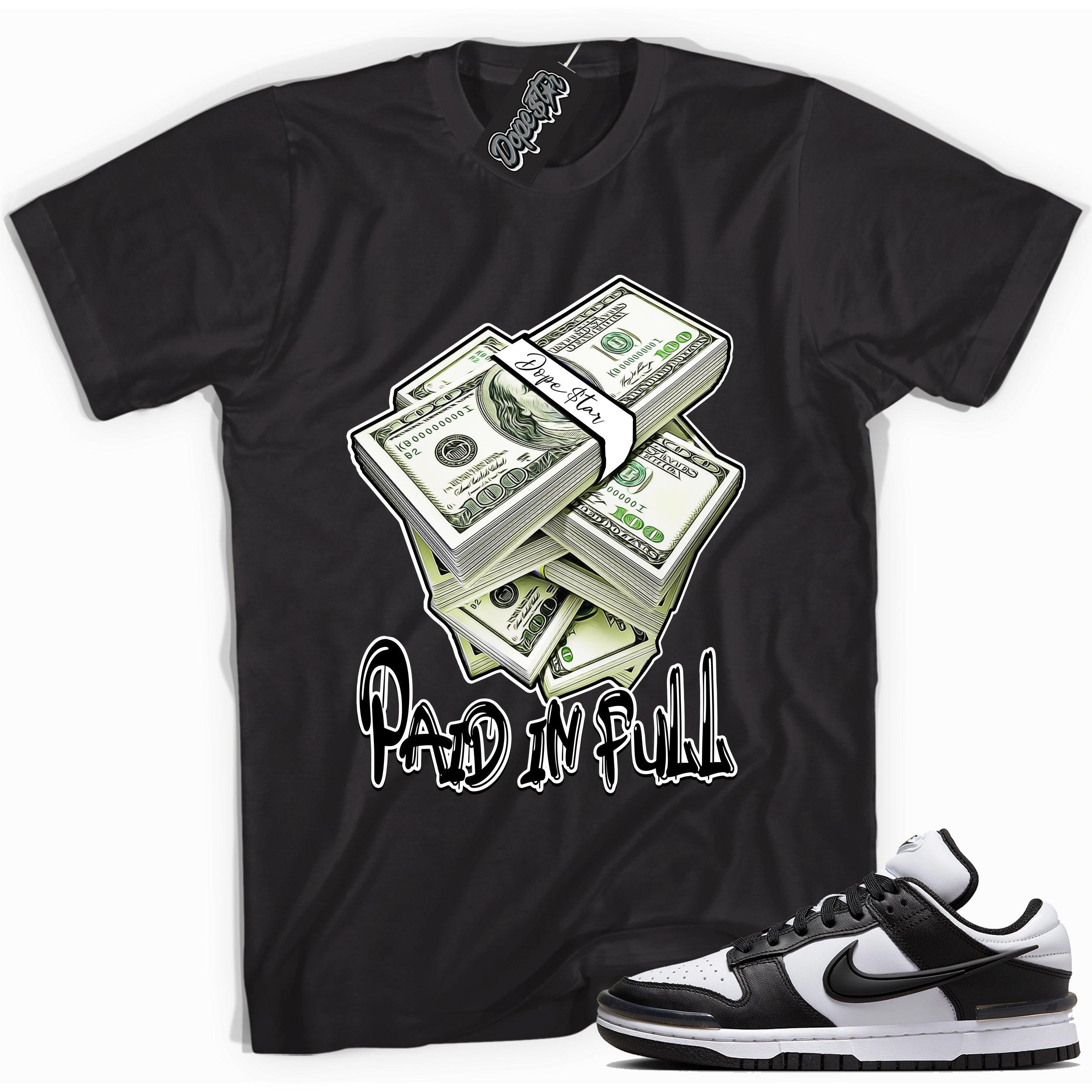 Cool black graphic tee with 'paid in full' print, that perfectly matches Nike Dunk Low Twist Panda sneakers.