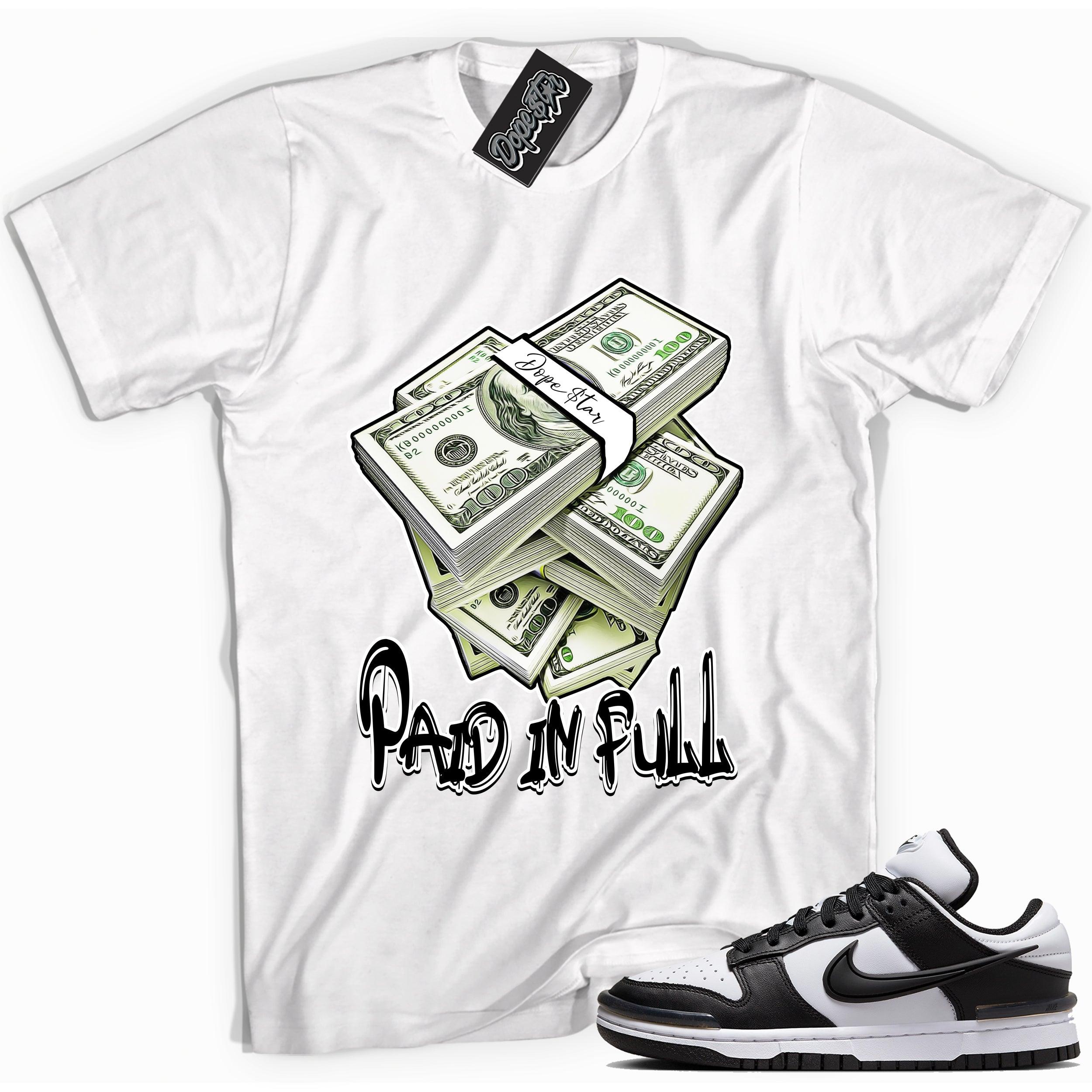 Cool white graphic tee with 'paid in full' print, that perfectly matches Nike Dunk Low Twist Panda sneakers.