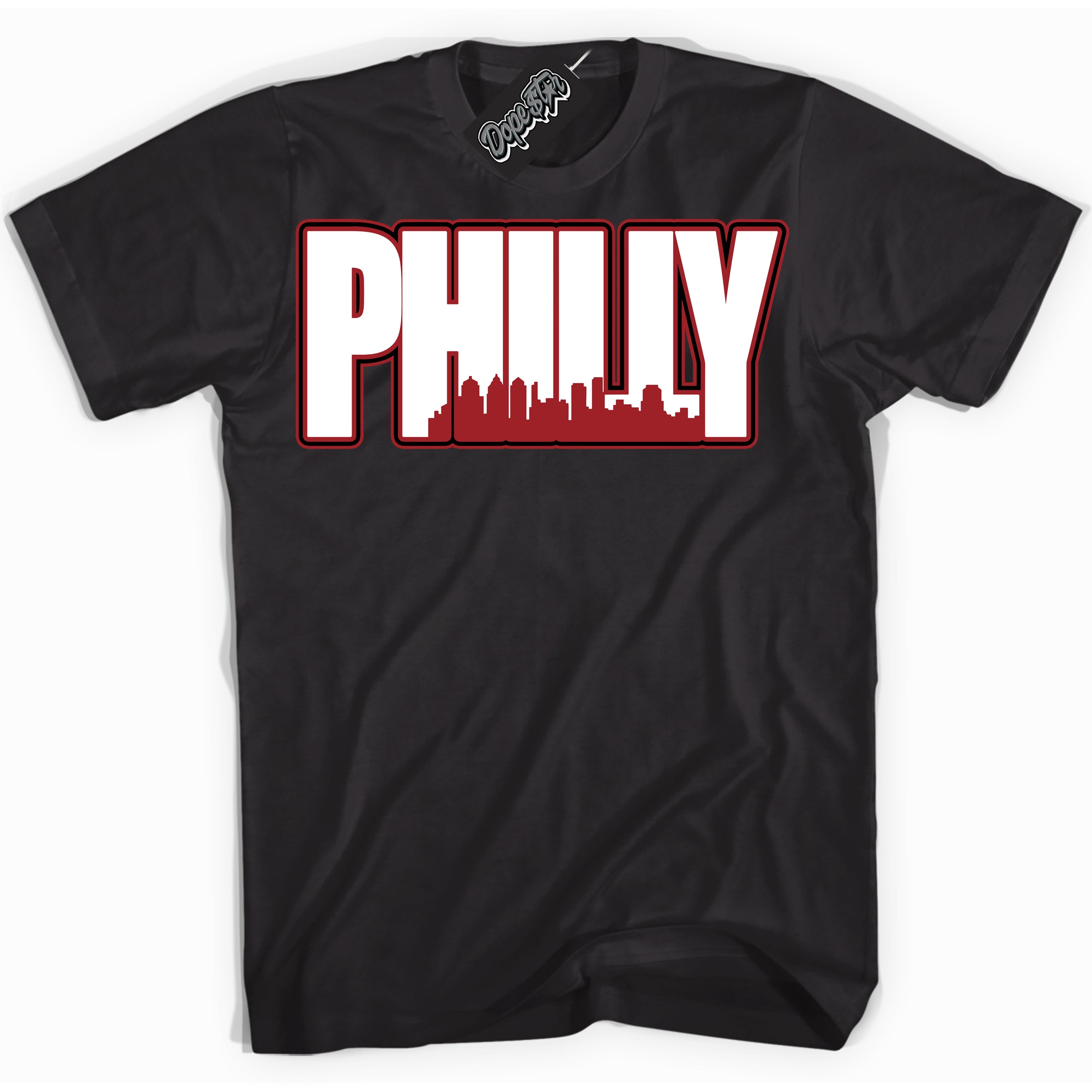 Cool Black graphic tee with “ Philly ” print, that perfectly matches Lost And Found 1s sneakers 