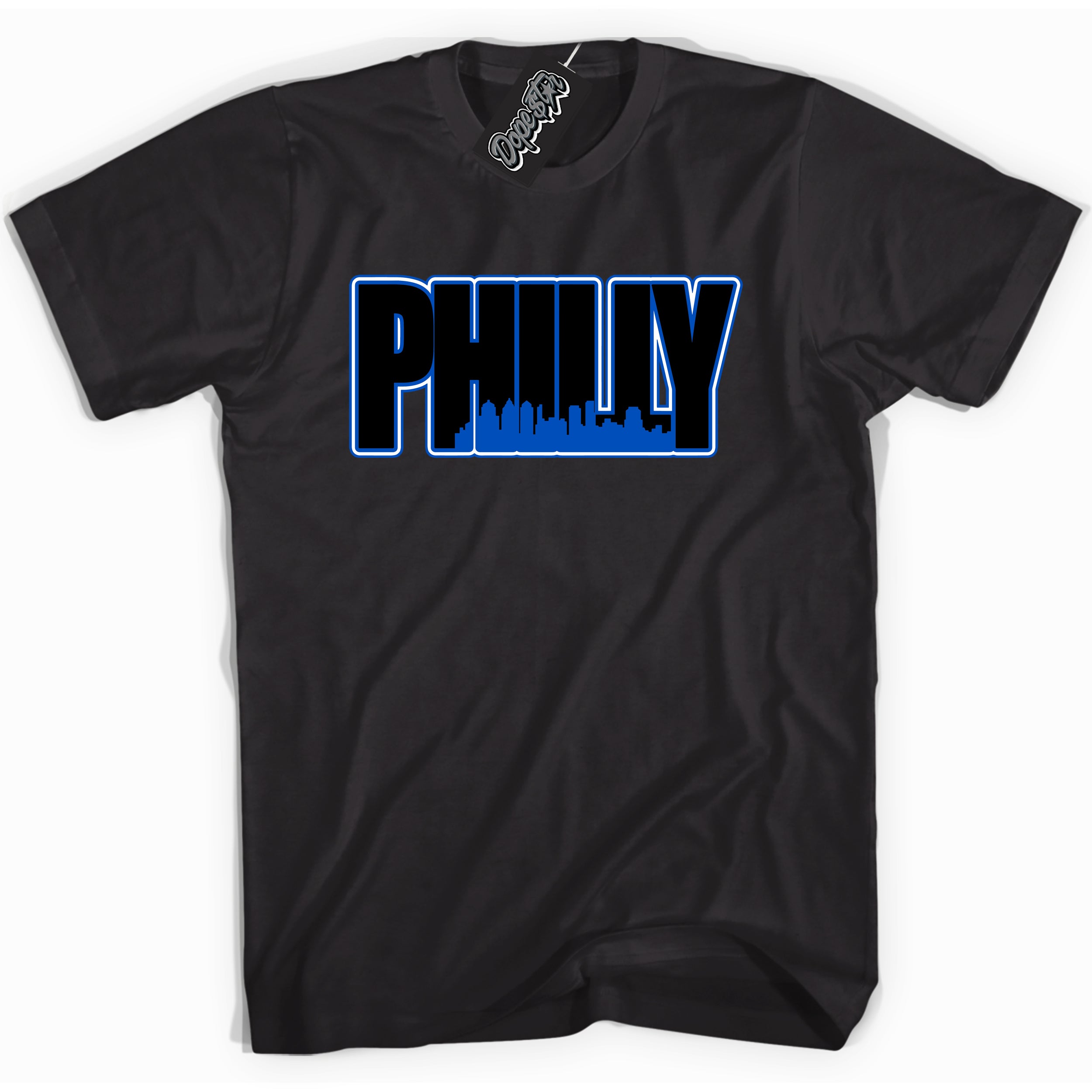 Cool Black graphic tee with Philly print, that perfectly matches OG Royal Reimagined 1s sneakers 