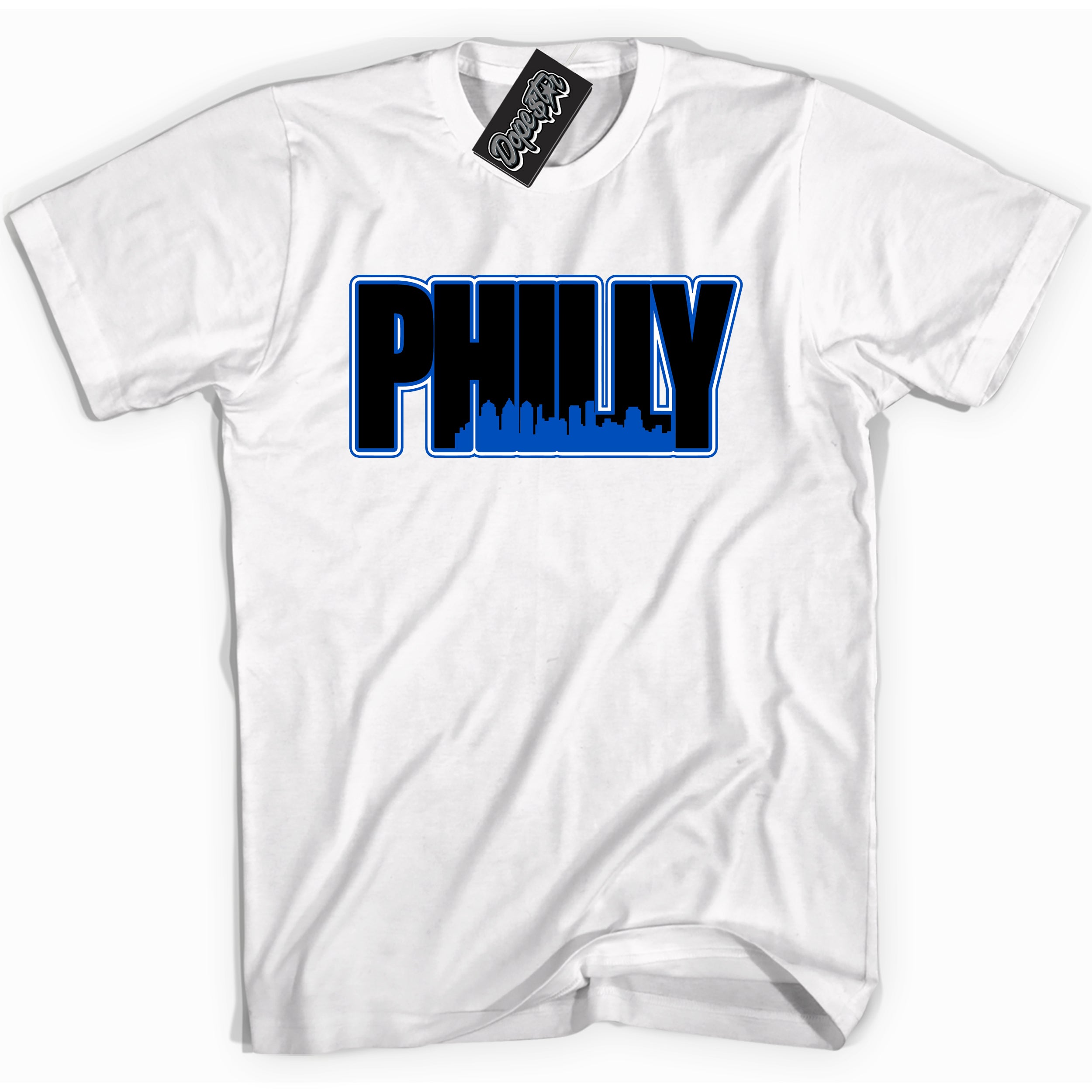 Cool White graphic tee with Philly print, that perfectly matches OG Royal Reimagined 1s sneakers 