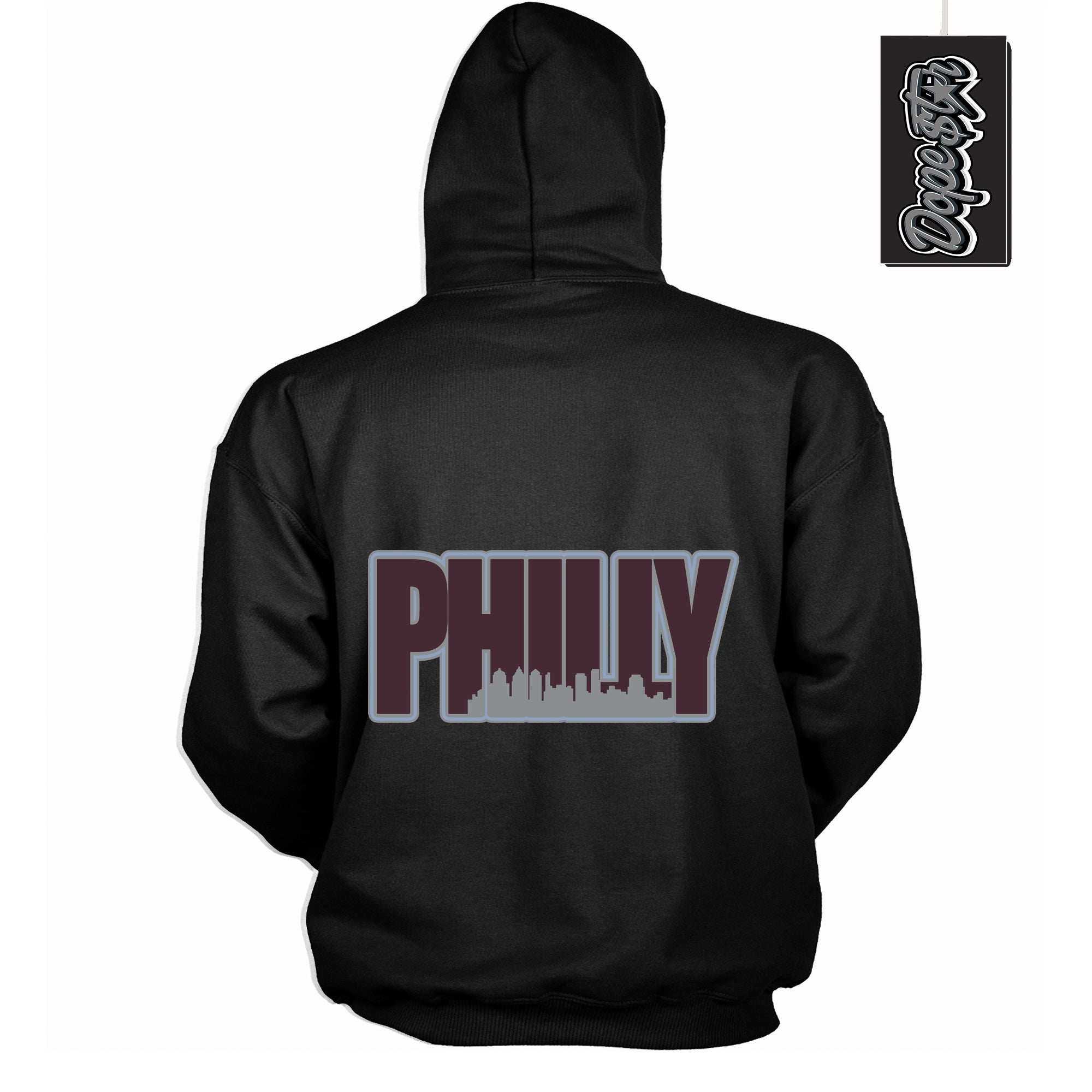 Cool Black Hoodie with “ Philly ”  design that Perfectly Matches Burgundy 5s Sneakers.