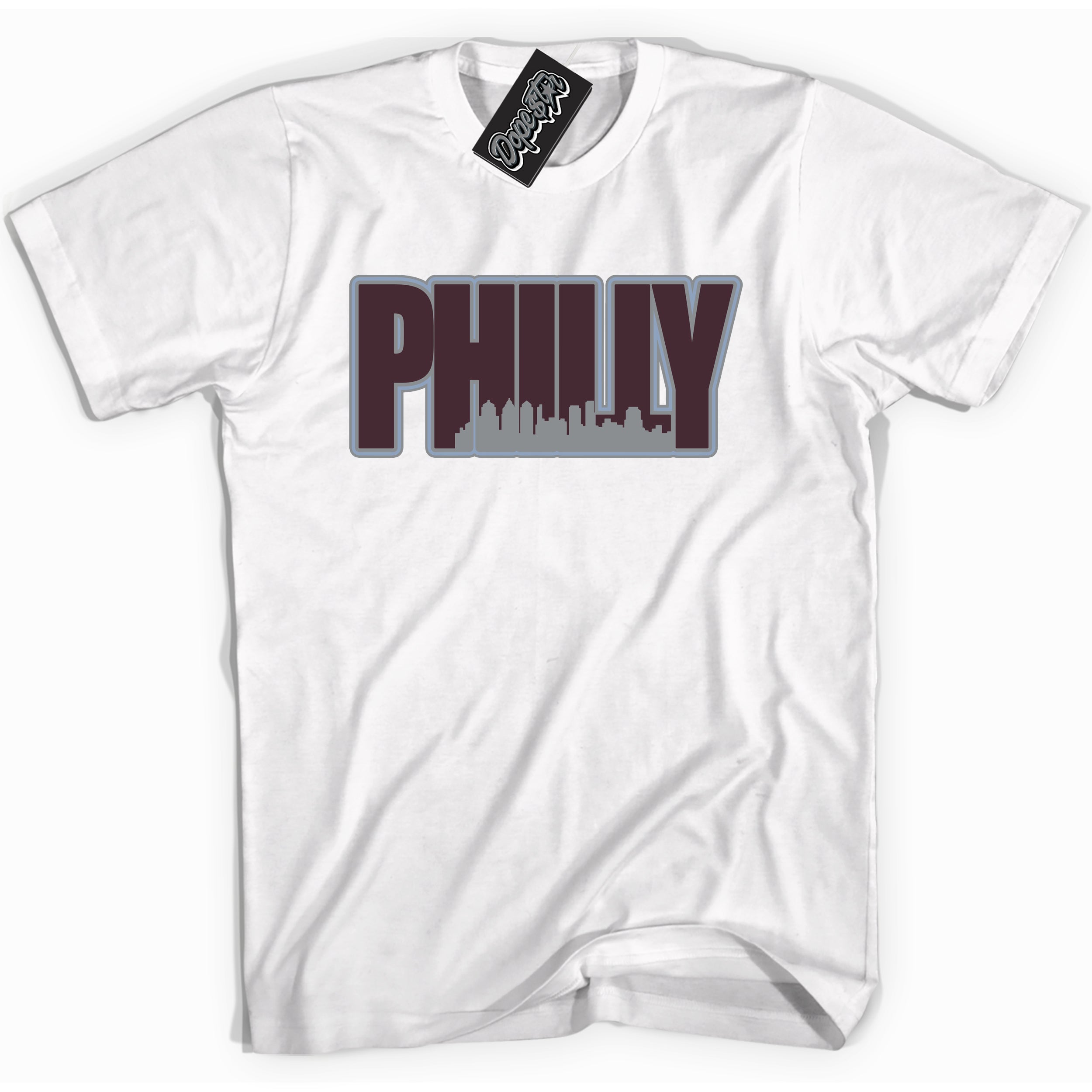 Cool White Shirt with “ Philly” design that perfectly matches Burgundy 5s Sneakers.