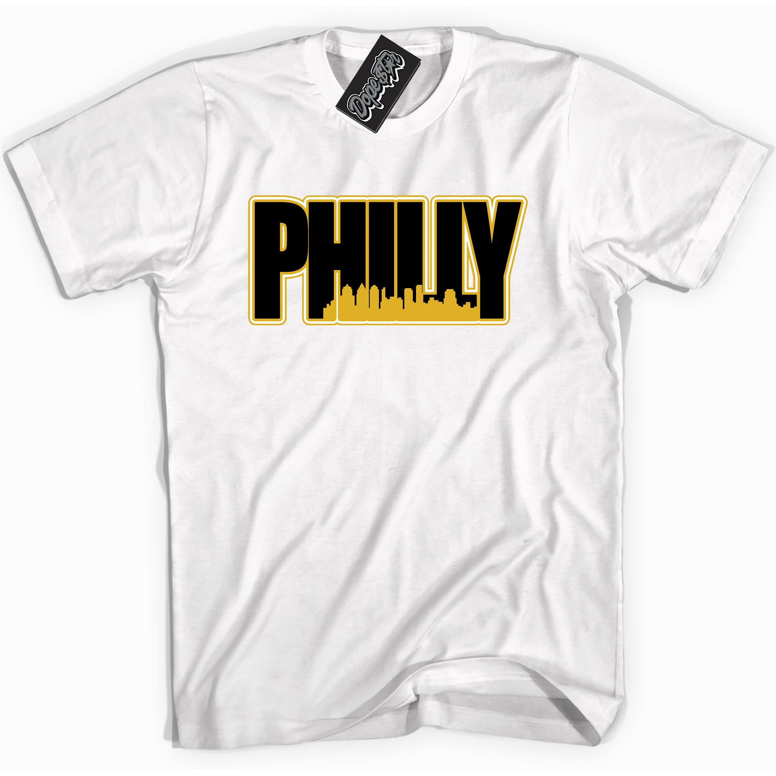 Cool White Shirt with “ Philly” design that perfectly matches Yellow Ochre 6s Sneakers.