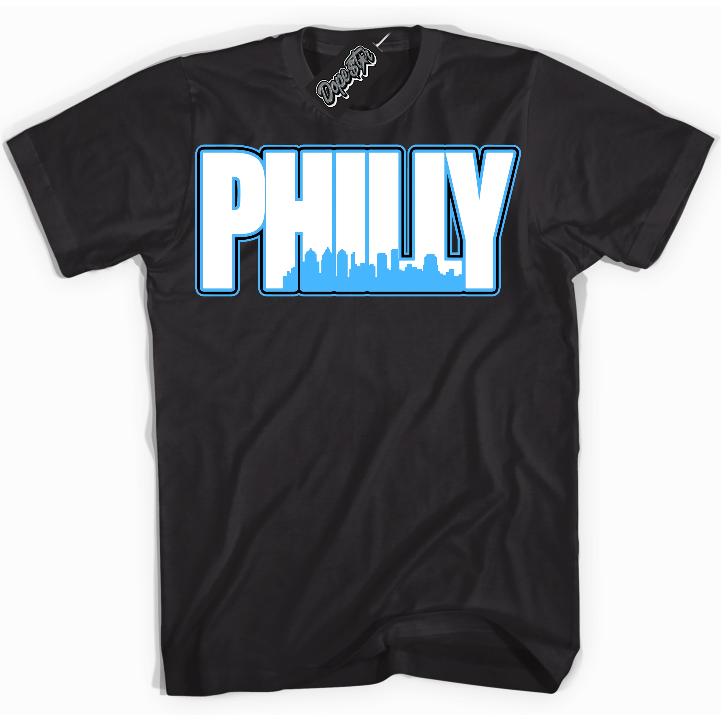 Cool Black graphic tee with “ Philly ” design, that perfectly matches Powder Blue 9s sneakers 